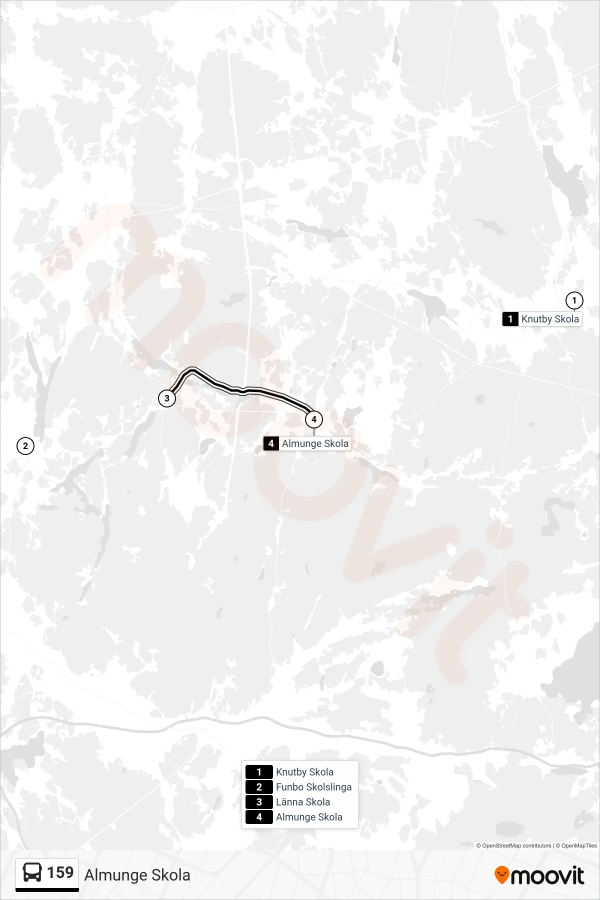 Rutt och hållplatser på karta för linje 159 buss, (Almunge Skola)