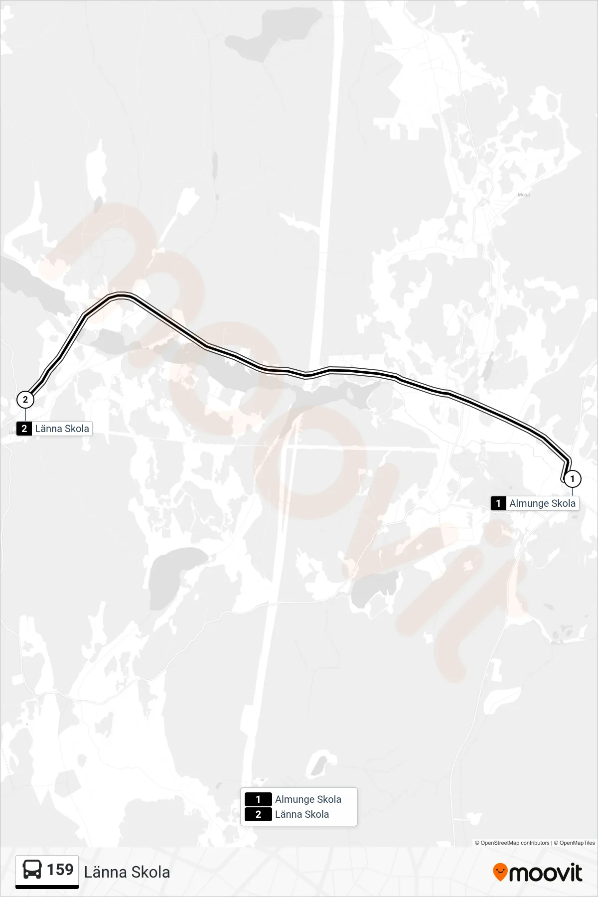 Rutt och hållplatser på karta för linje 159 buss, (Länna Skola)