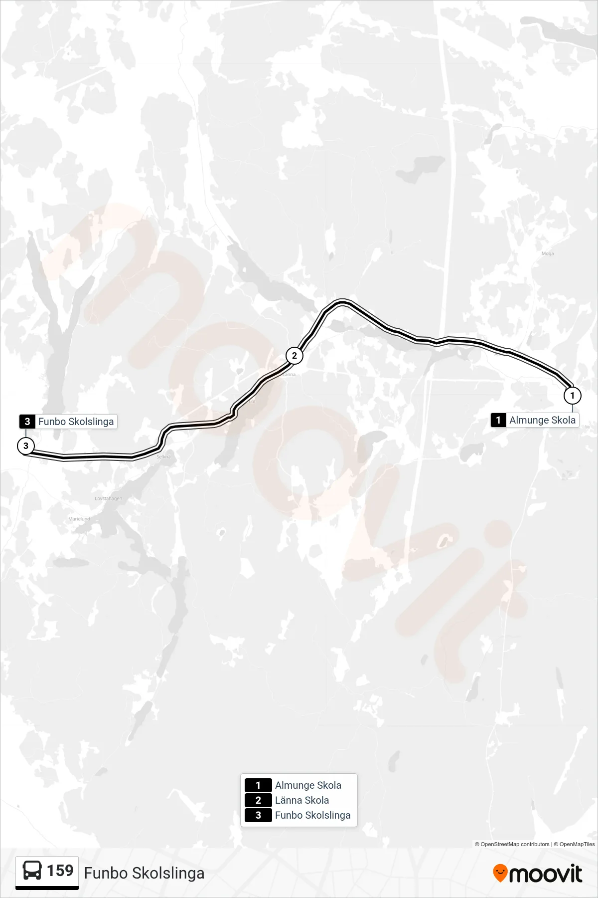 Rutt och hållplatser på karta för linje 159  buss, (Funbo Skolslinga)