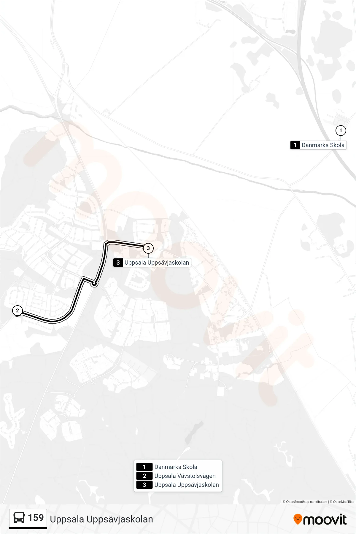 Rutt och hållplatser på karta för linje 159 buss, (Uppsala Uppsävjaskolan)