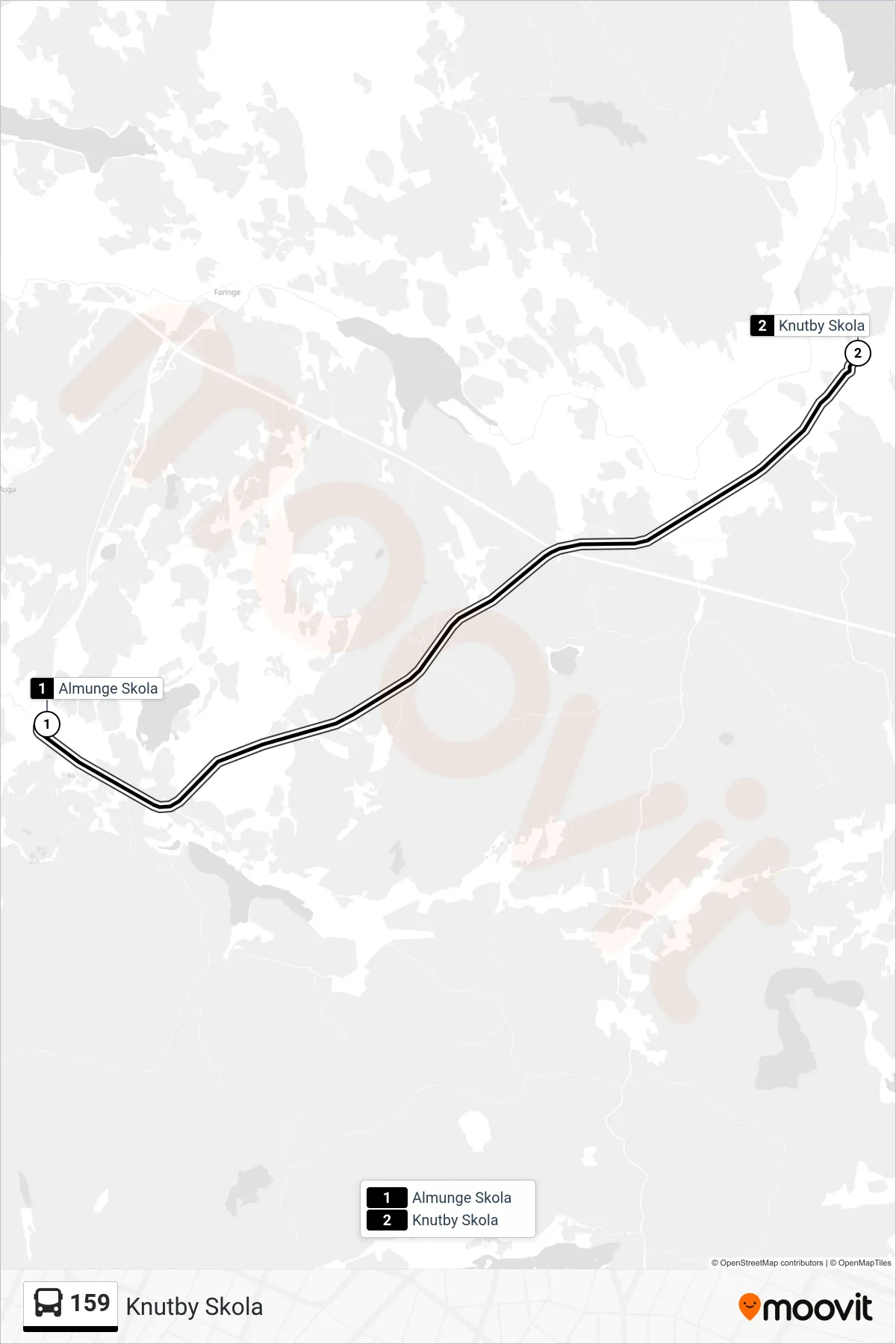 Rutt och hållplatser på karta för linje 159 buss, (Knutby Skola)