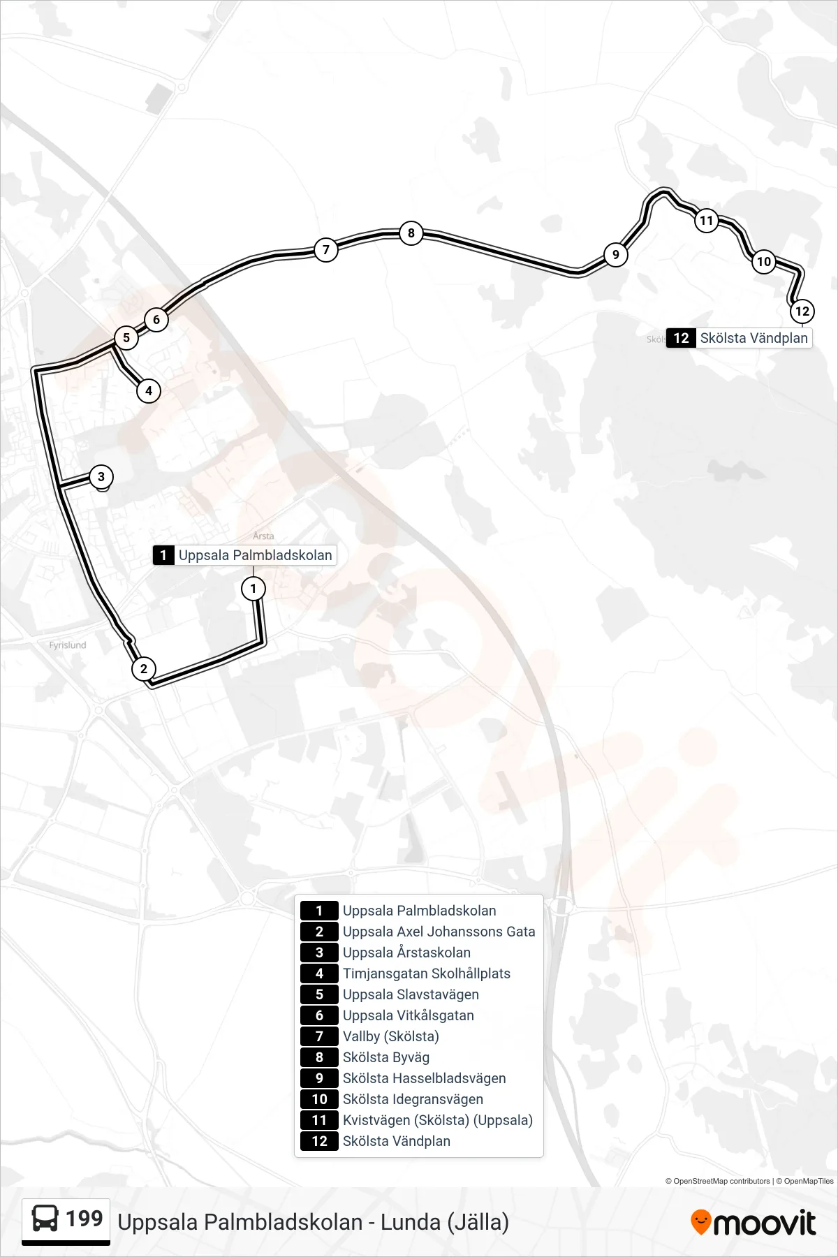 Rutt och hållplatser på karta för linje 199  buss, (Skölsta Vändplan)