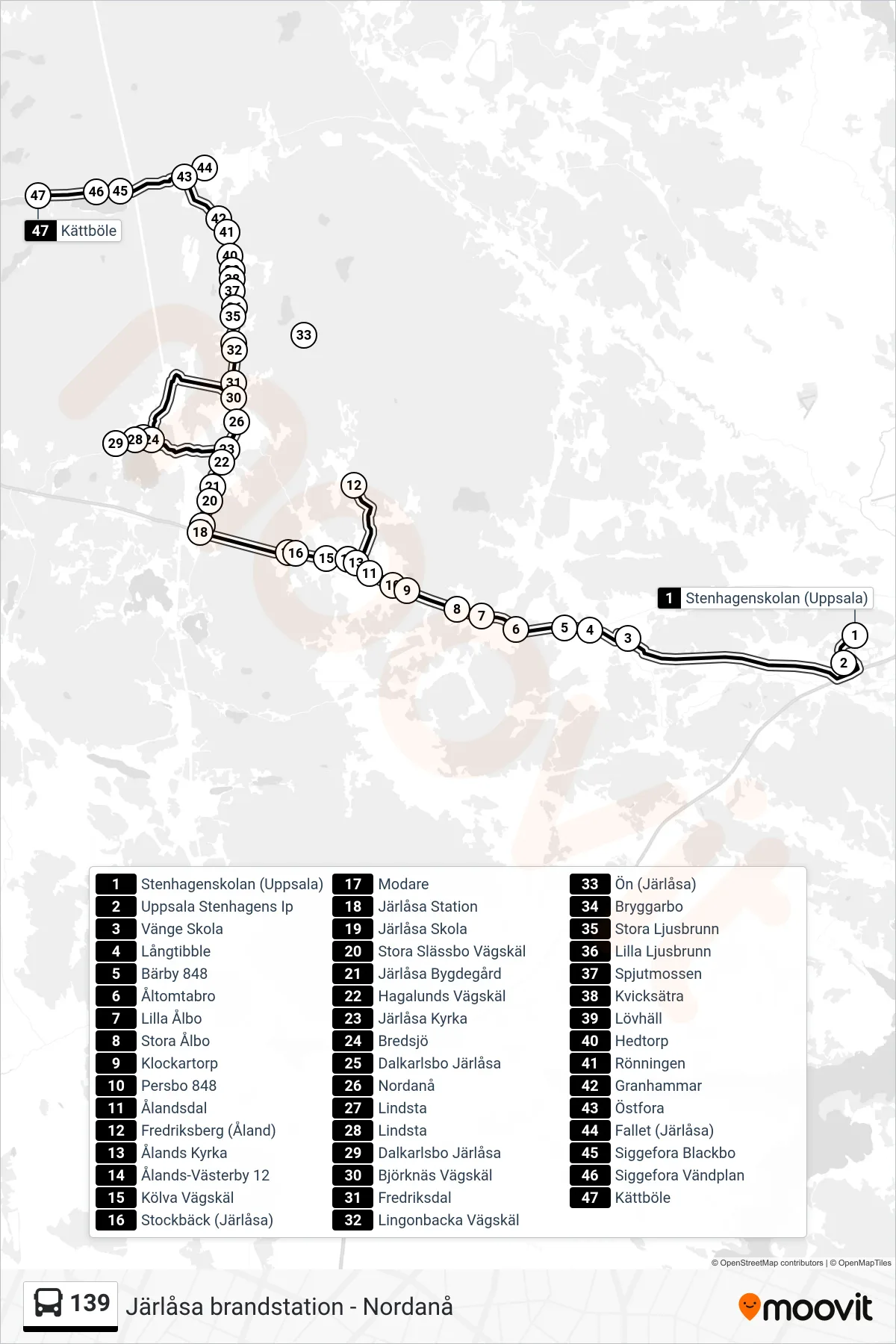 Rutt och hållplatser på karta för linje 139  buss, (Kättböle)