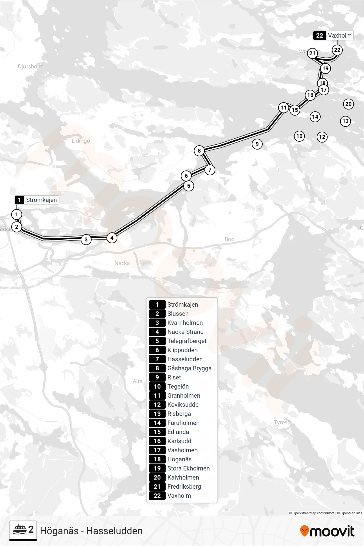 Rutt och hållplatser på karta för linje 2 färja, (Vaxholm)