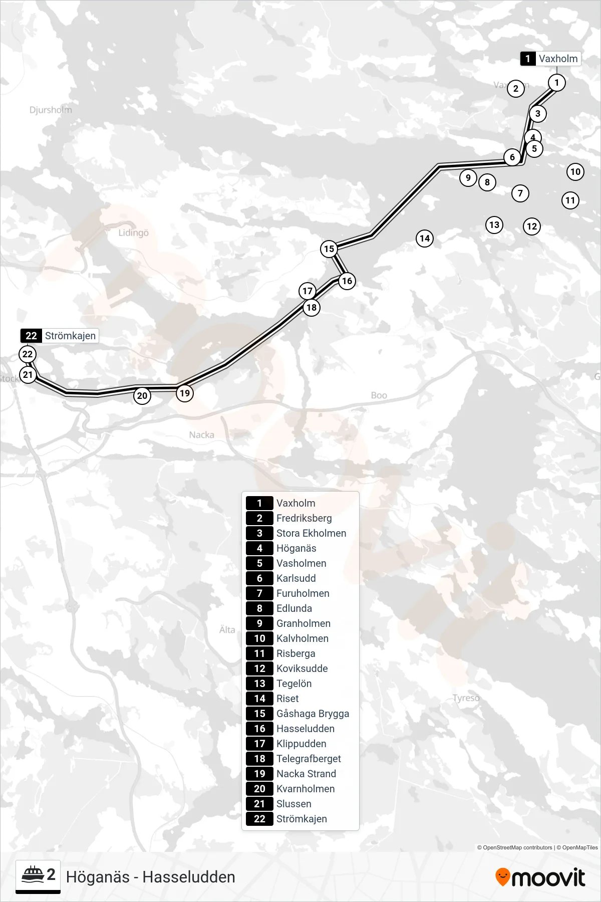 Rutt och hållplatser på karta för linje 2 färja, (Strömkajen)