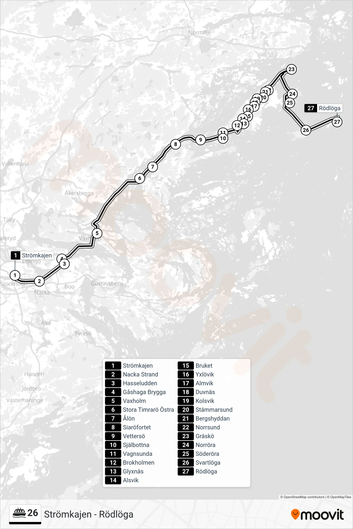 Rutt och hållplatser på karta för linje 26  färja, (Rödlöga)