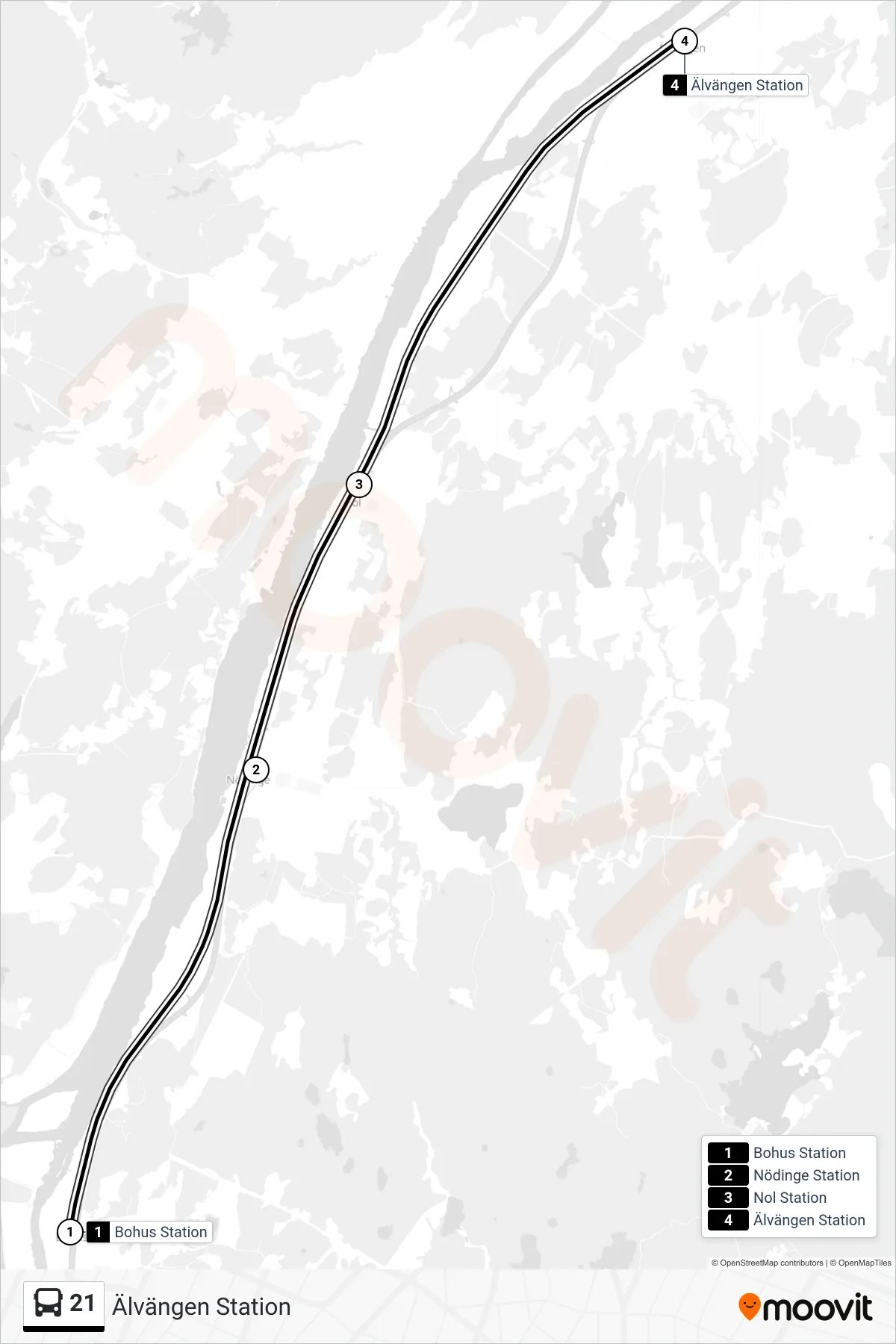 Rutt och hållplatser på karta för linje 21  spårvagn, (Älvängen Station)