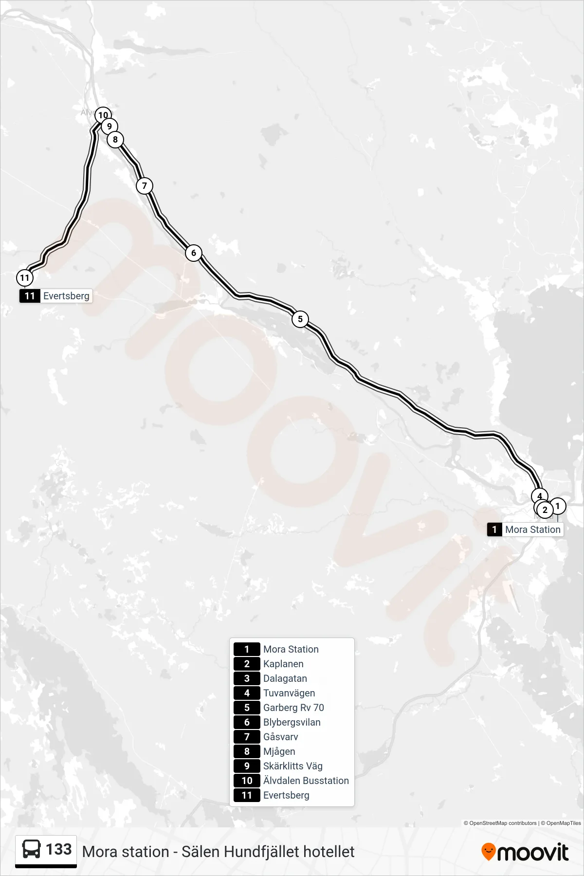 Rutt och hållplatser på karta för linje 133  spårvagn, (Evertsberg)