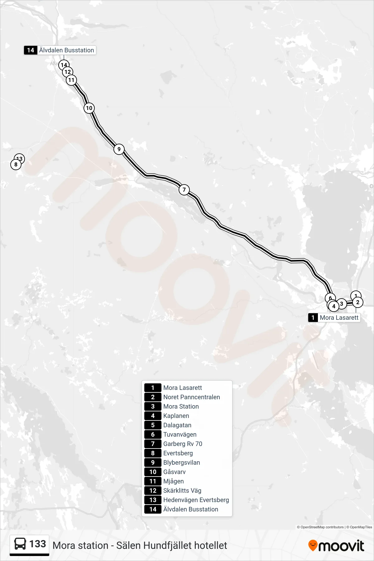 Rutt och hållplatser på karta för linje 133 spårvagn, (Älvdalen Busstation)