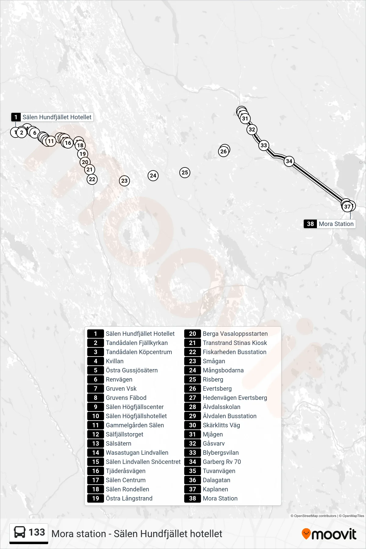 Rutt och hållplatser på karta för linje 133  spårvagn, (Mora Station)