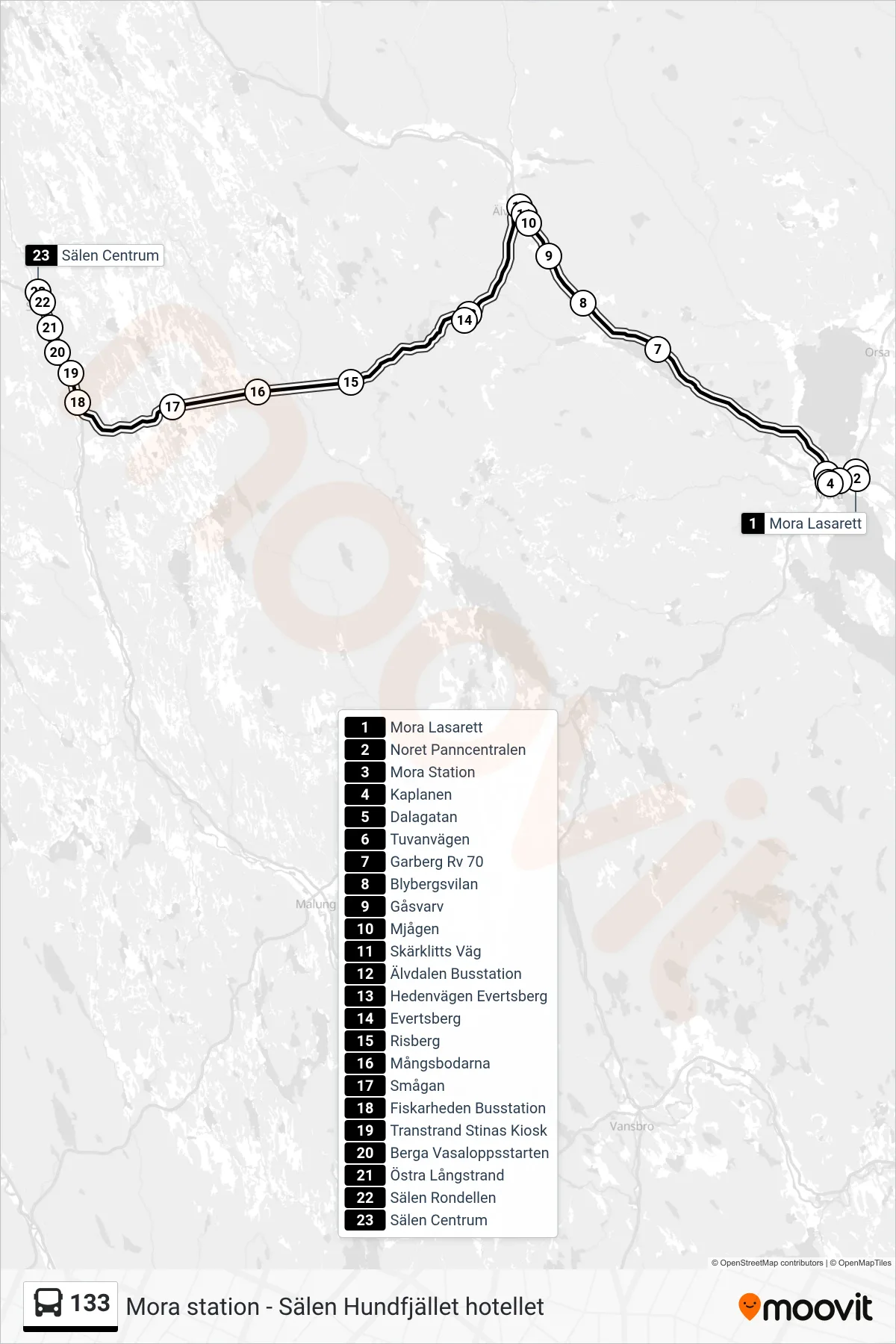 Rutt och hållplatser på karta för linje 133 spårvagn, (Sälen Centrum)