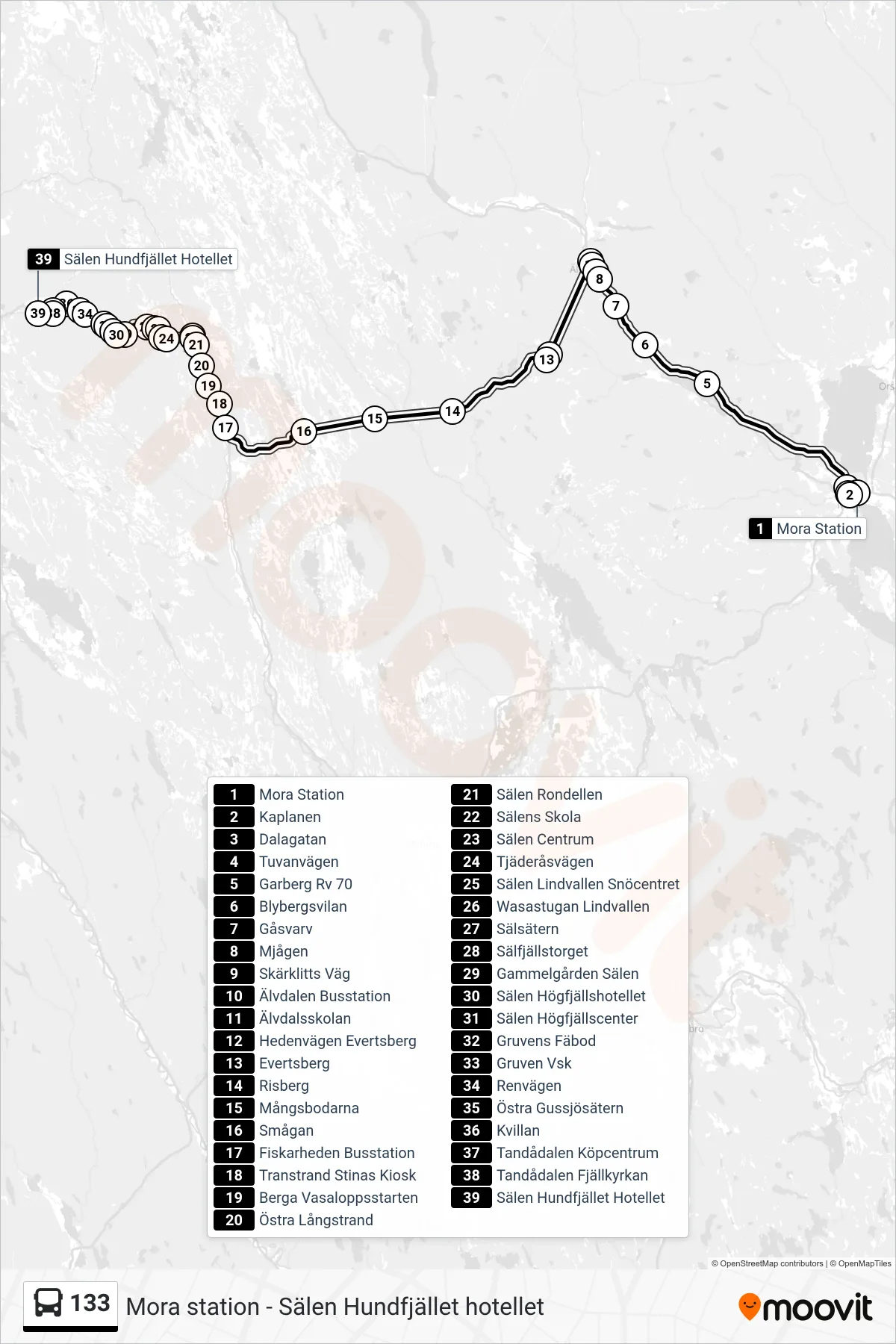 Rutt och hållplatser på karta för linje 133  spårvagn, (Sälen Hundfjället Hotellet)