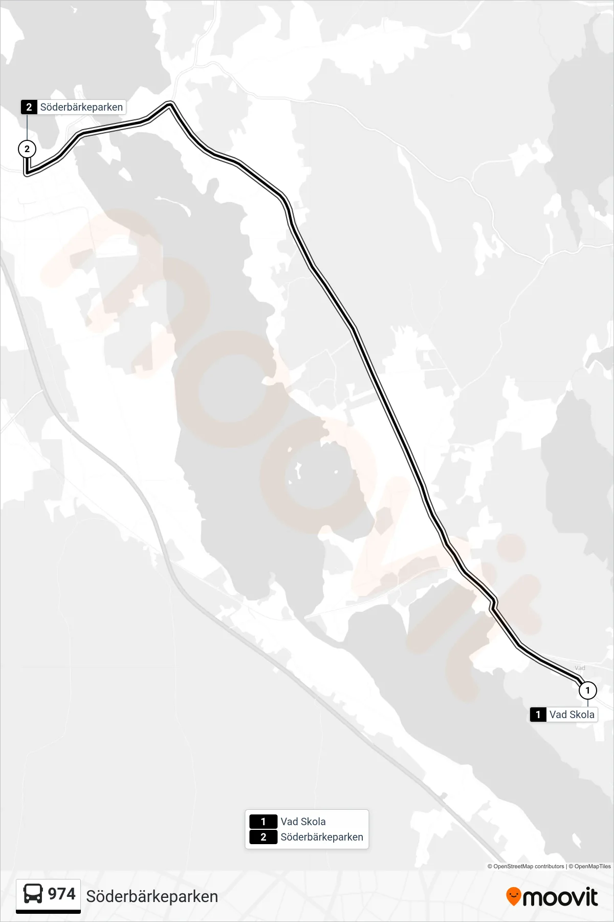 Rutt och hållplatser på karta för linje 974 spårvagn, (Söderbärkeparken)