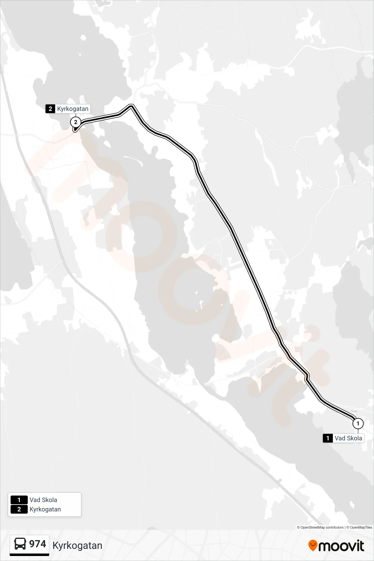Rutt och hållplatser på karta för linje 974  spårvagn, (Kyrkogatan)