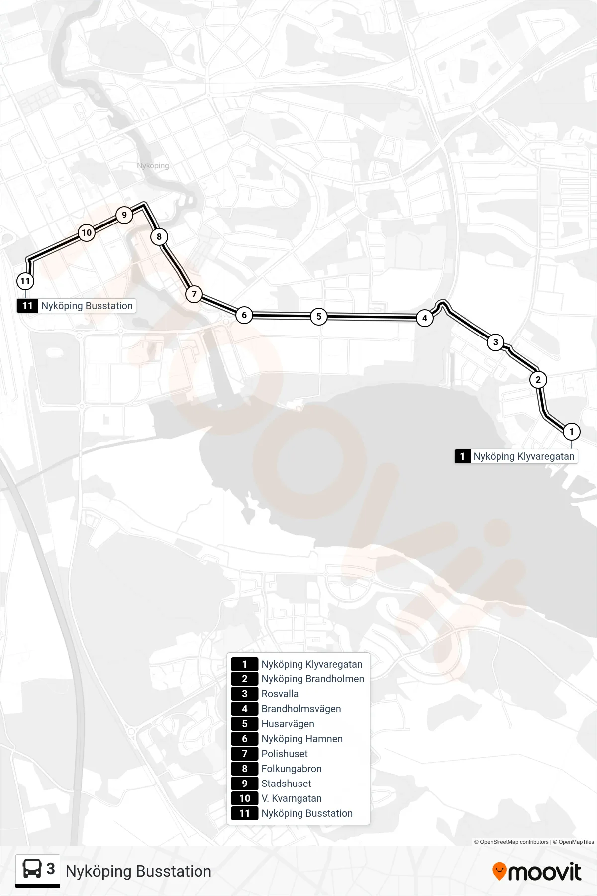 Rutt och hållplatser på karta för linje 3  spårvagn, (Nyköping Busstation)