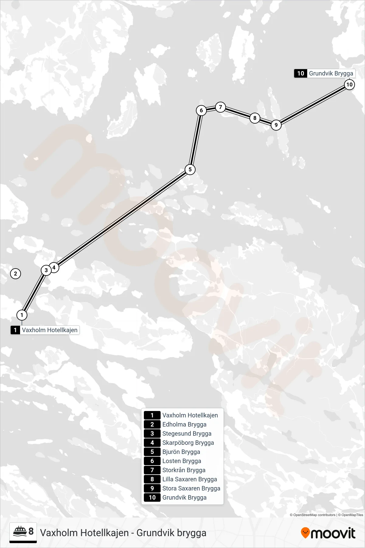 Rutt och hållplatser på karta för linje 8  färja, (Grundvik Brygga)