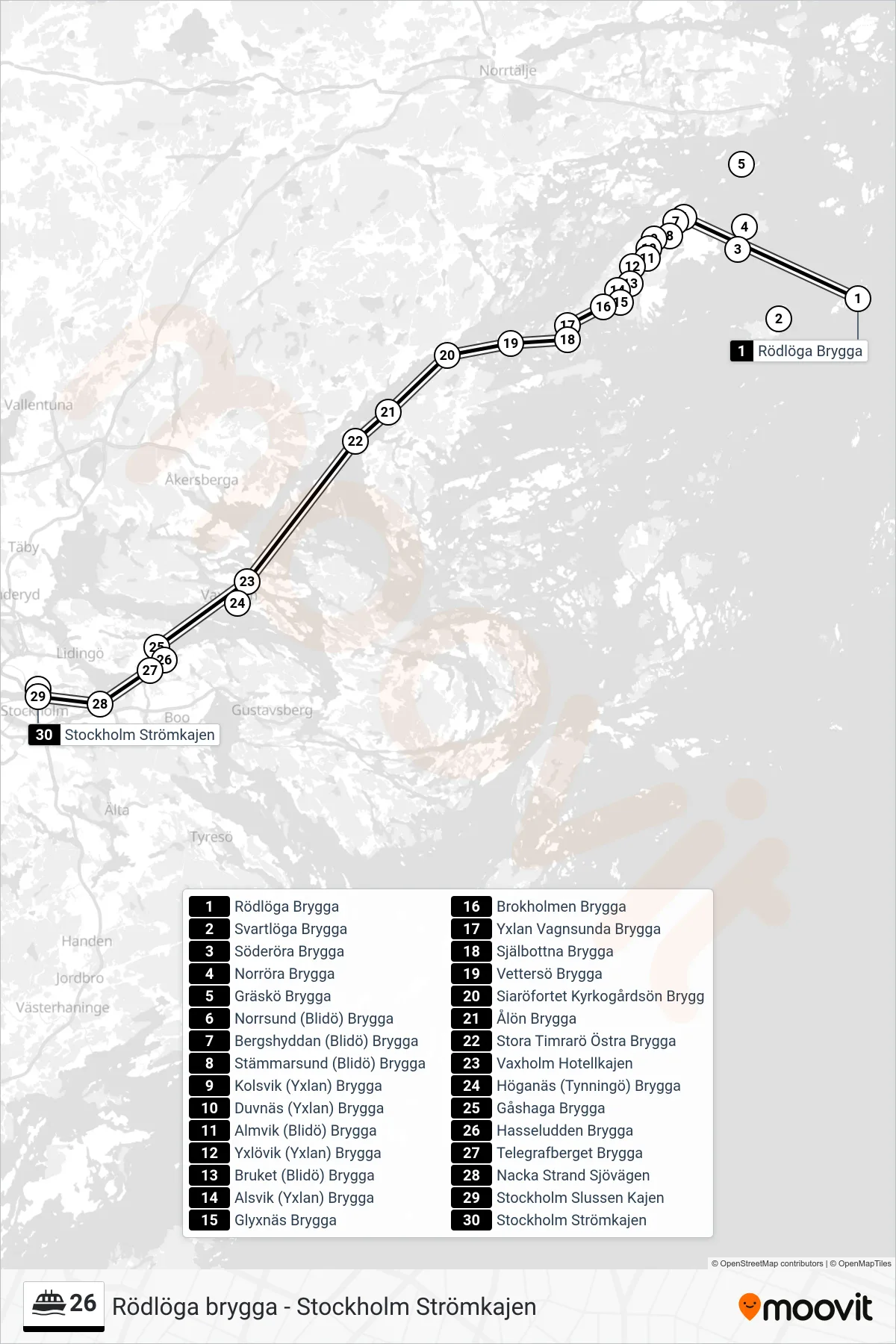 Rutt och hållplatser på karta för linje 26 färja, (Stockholm Strömkajen)