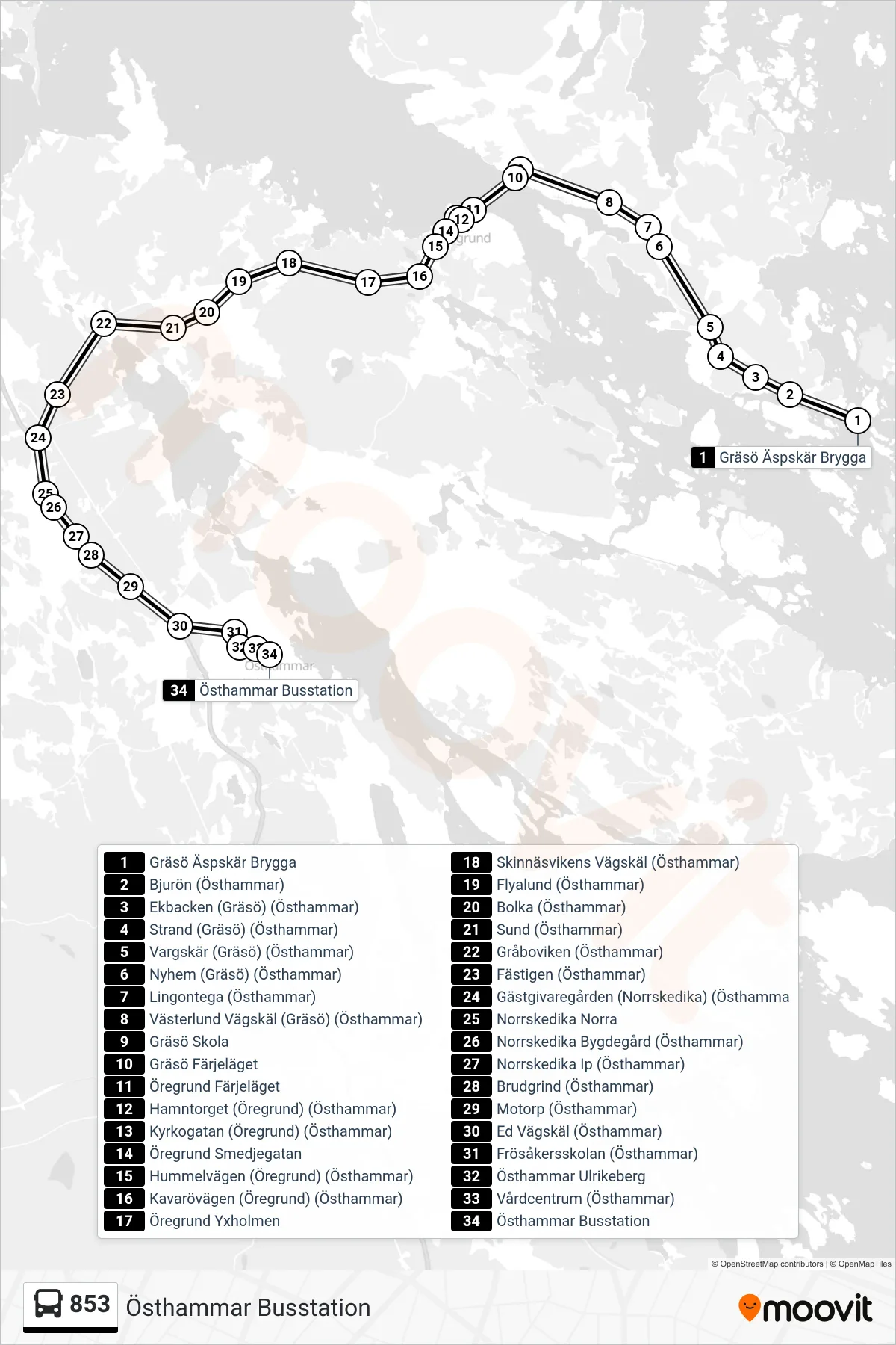 Rutt och hållplatser på karta för linje 853 spårvagn, (Östhammar Busstation)