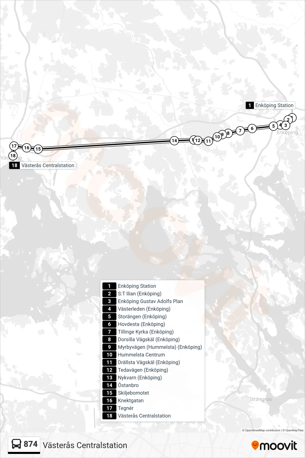 Rutt och hållplatser på karta för linje 874  spårvagn, (Västerås Centralstation)