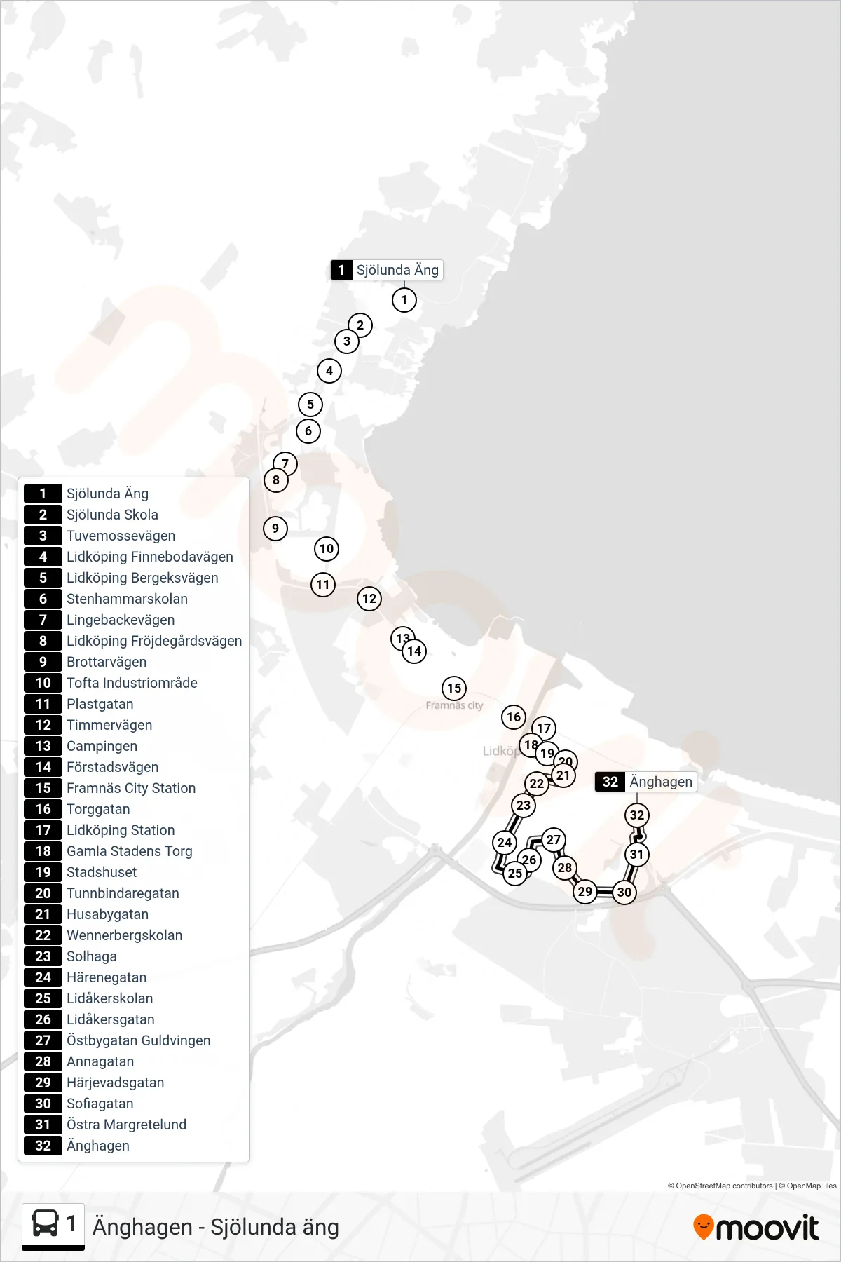 Rutt och hållplatser på karta för linje 1 spårvagn, (Änghagen)