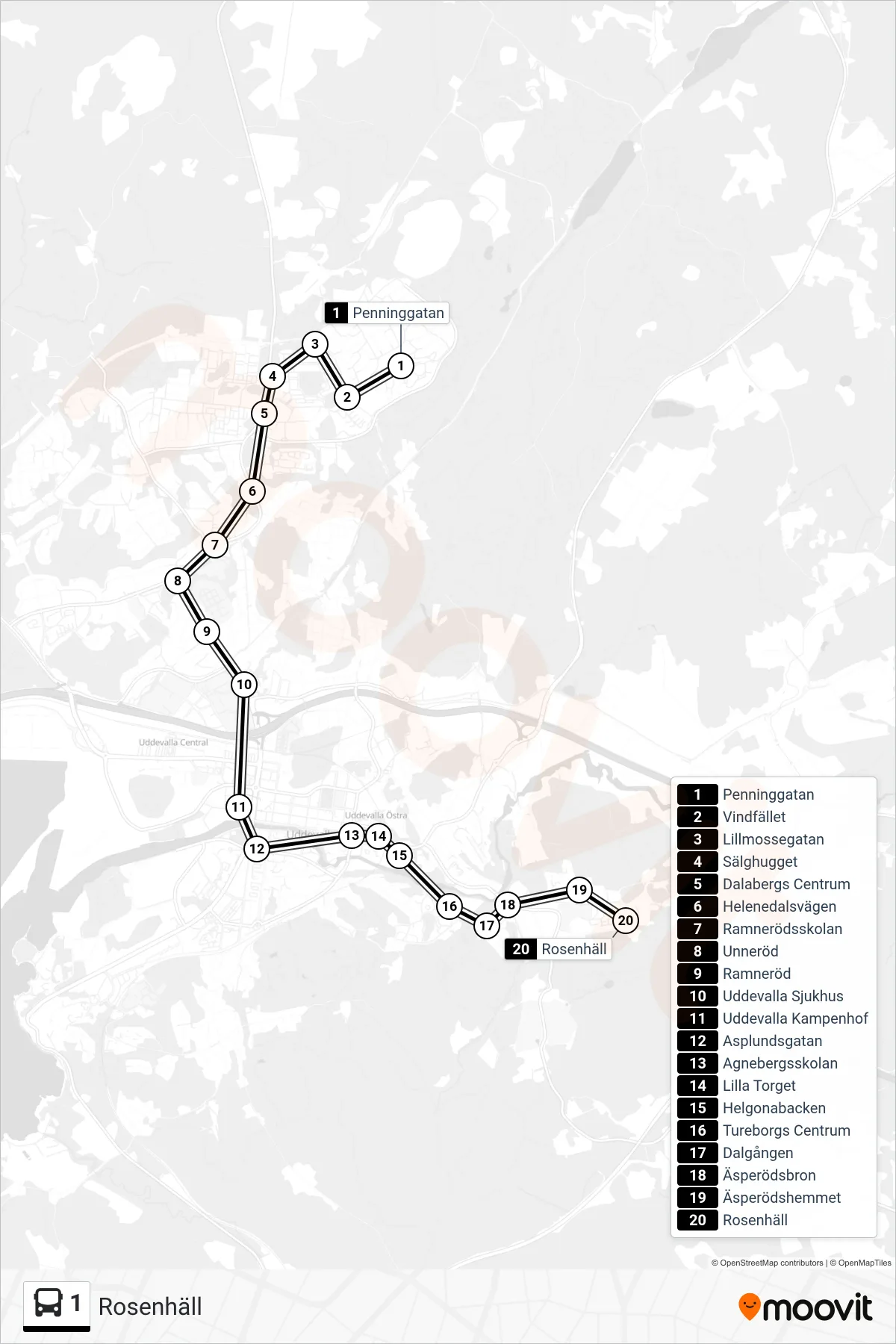 Rutt och hållplatser på karta för linje 1 spårvagn, (Rosenhäll)