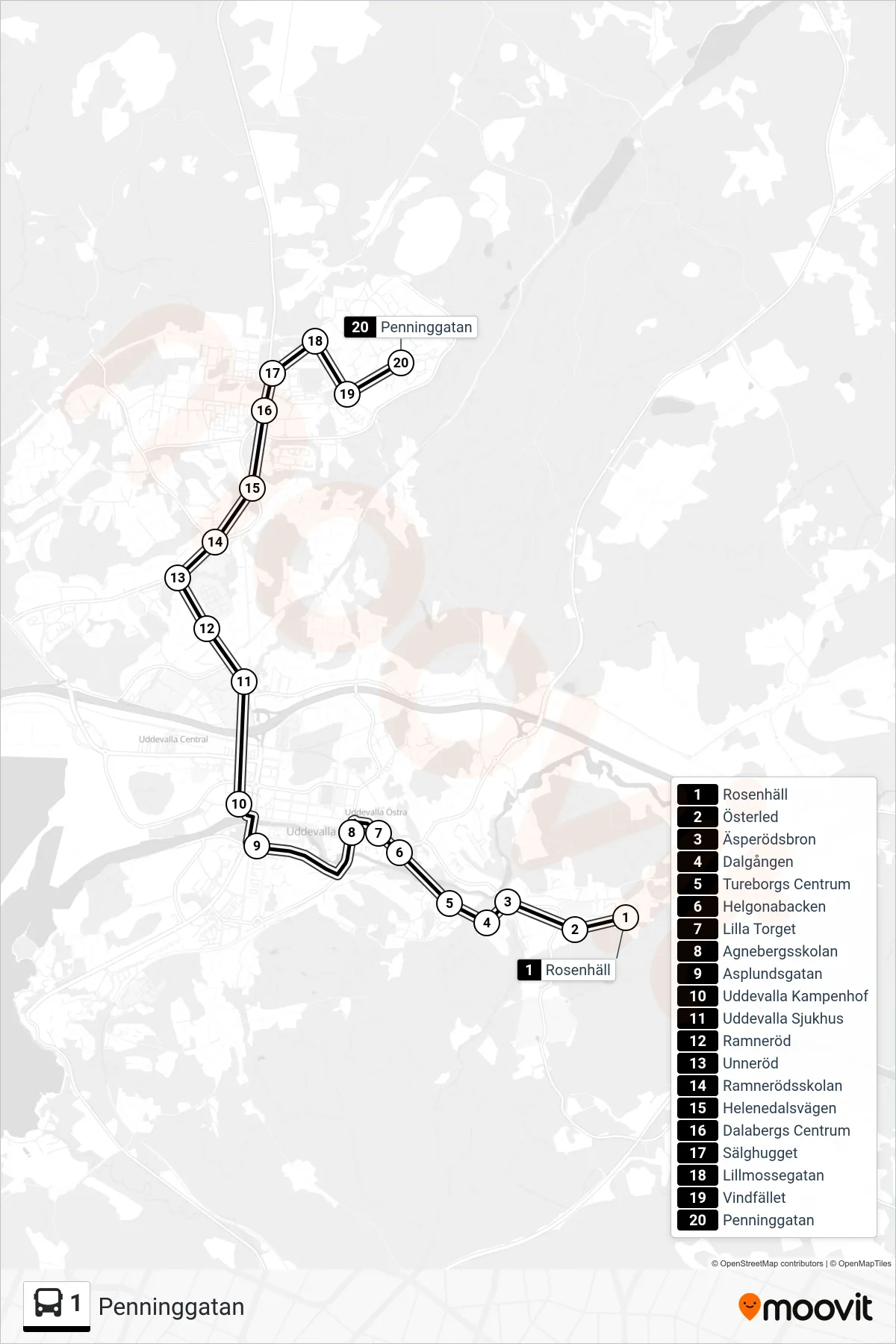 Rutt och hållplatser på karta för linje 1 spårvagn, (Penninggatan)