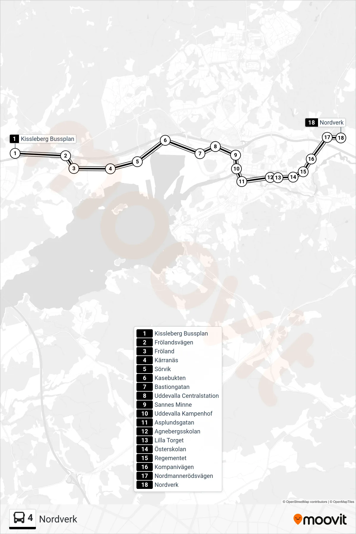 Rutt och hållplatser på karta för linje 4 spårvagn, (Nordverk)