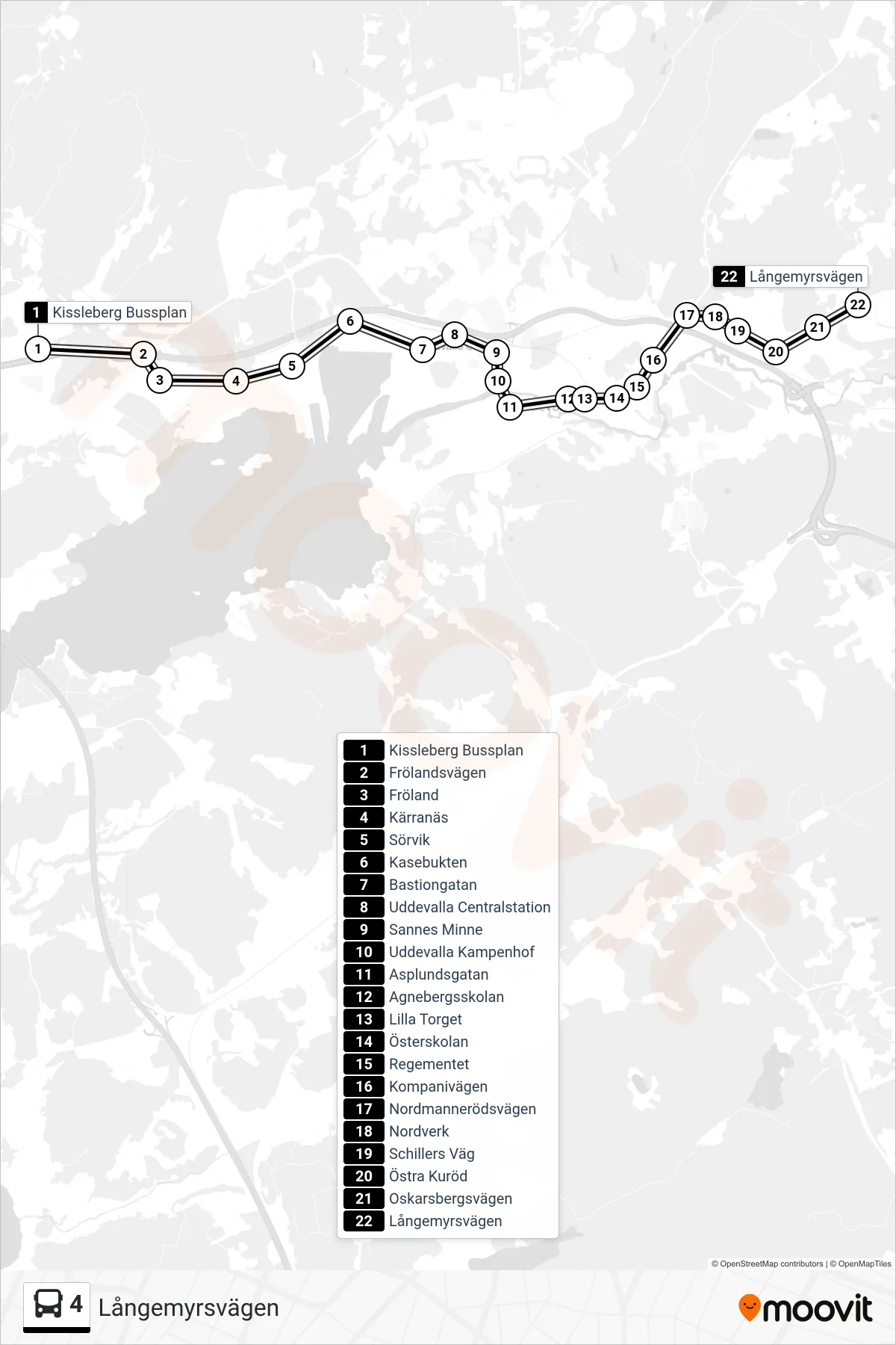 Rutt och hållplatser på karta för linje 4 spårvagn, (Långemyrsvägen)