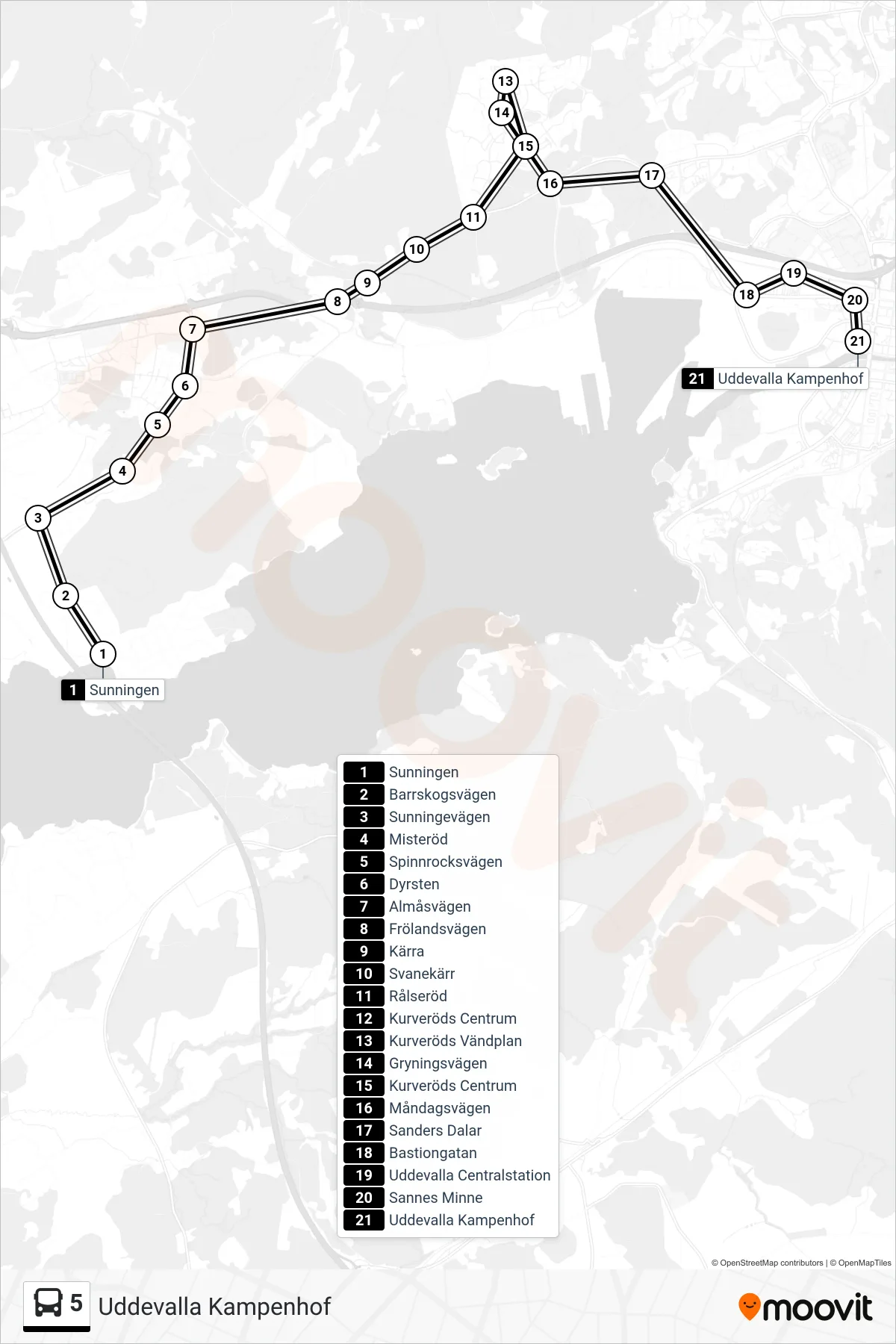 Rutt och hållplatser på karta för linje 5  spårvagn, (Uddevalla Kampenhof)