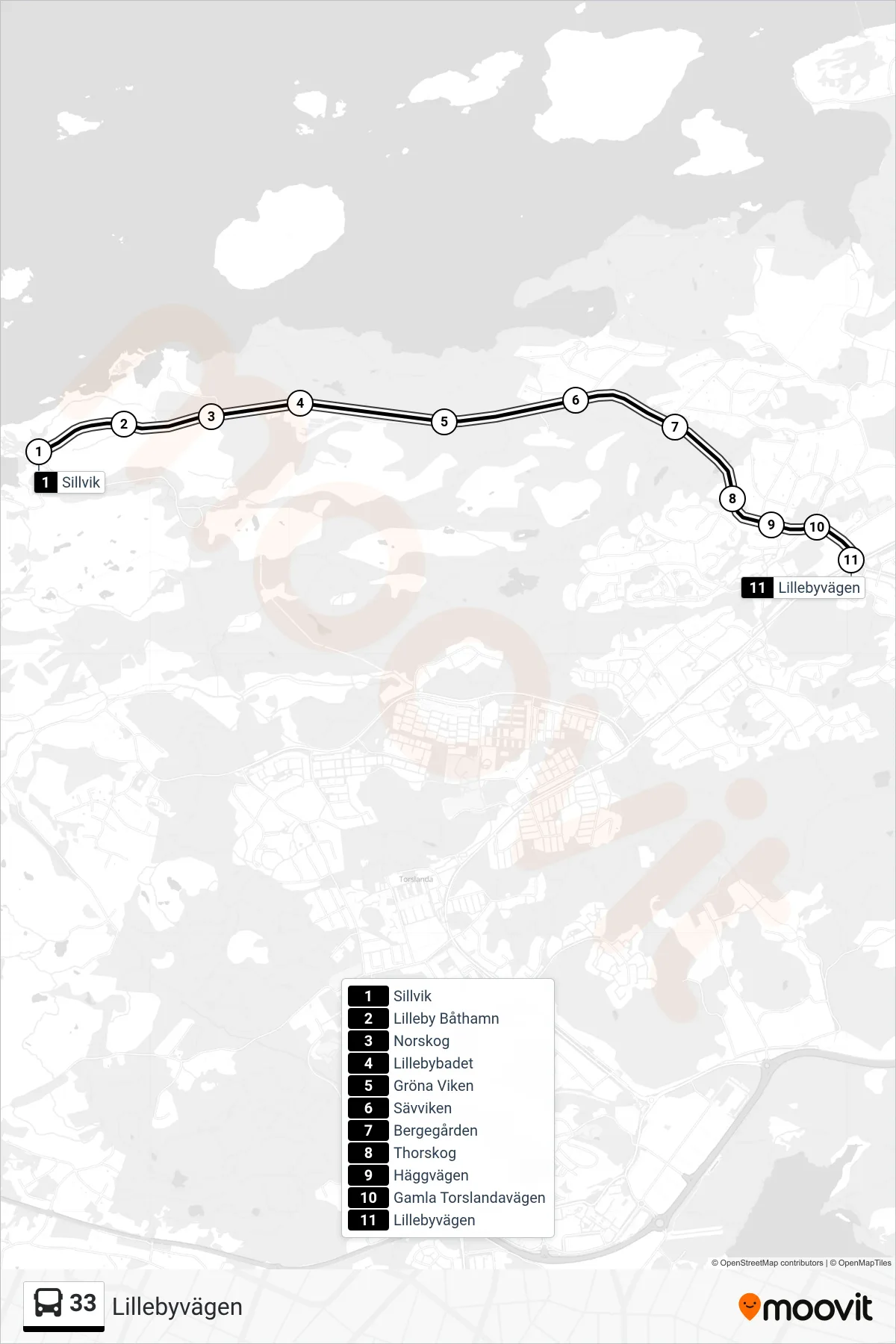 Rutt och hållplatser på karta för linje 33 spårvagn, (Lillebyvägen)