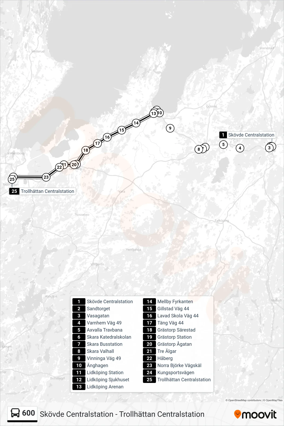 Rutt och hållplatser på karta för linje 600  spårvagn, (Trollhättan Centralstation)
