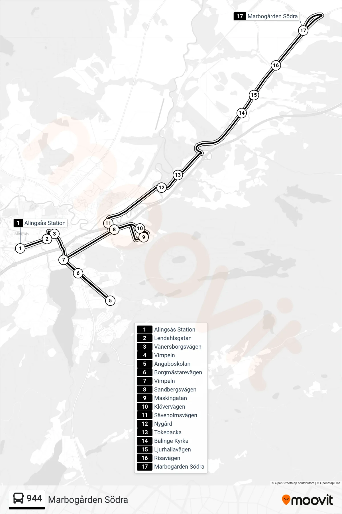 Rutt och hållplatser på karta för linje 944 spårvagn, (Marbogården Södra)