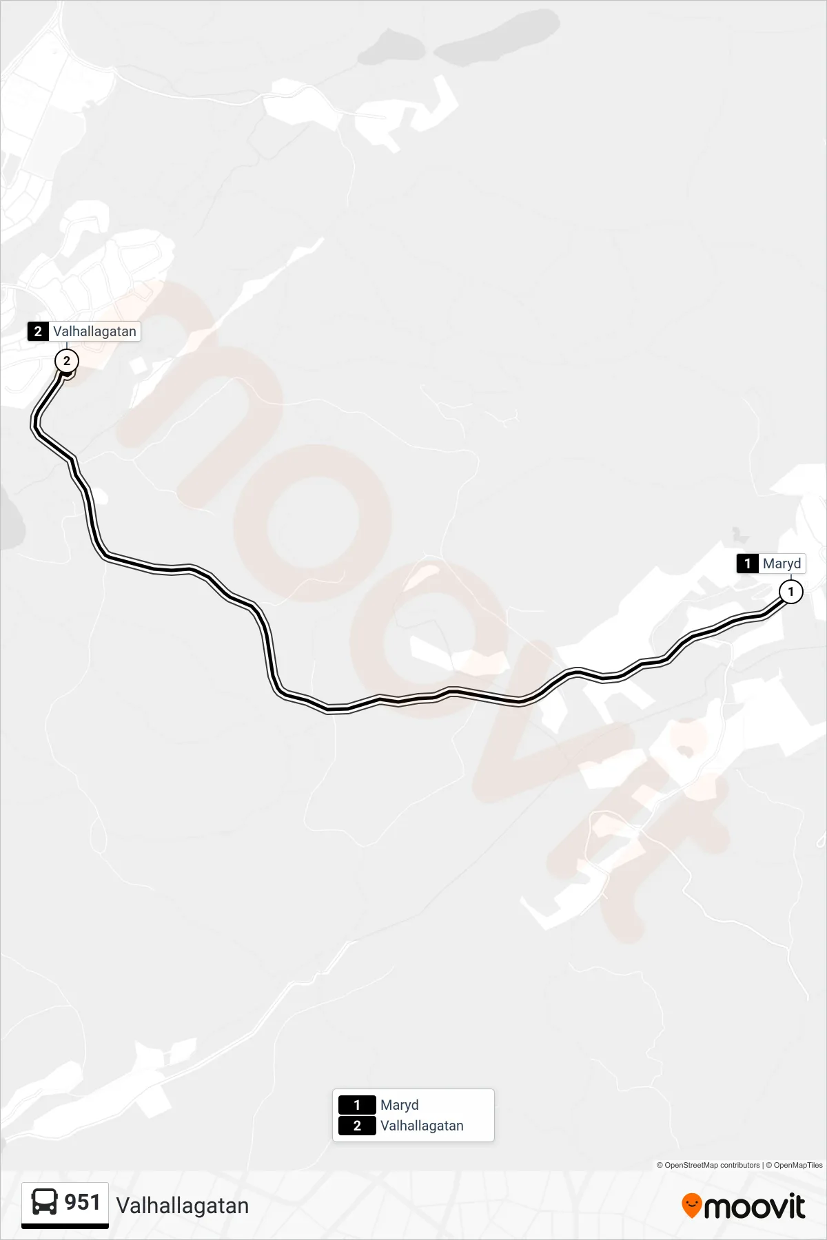 Rutt och hållplatser på karta för linje 951 spårvagn, (Valhallagatan)