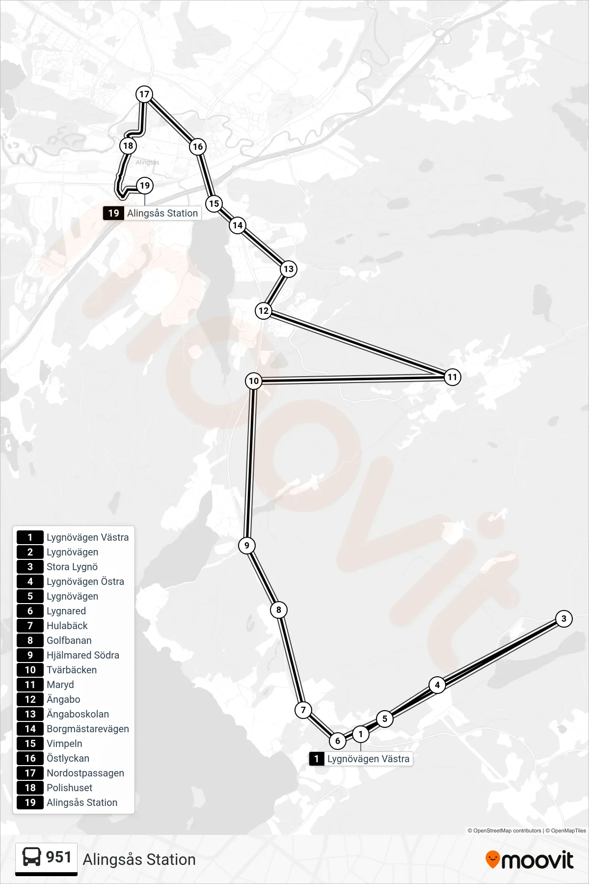 Rutt och hållplatser på karta för linje 951 spårvagn, (Alingsås Station)