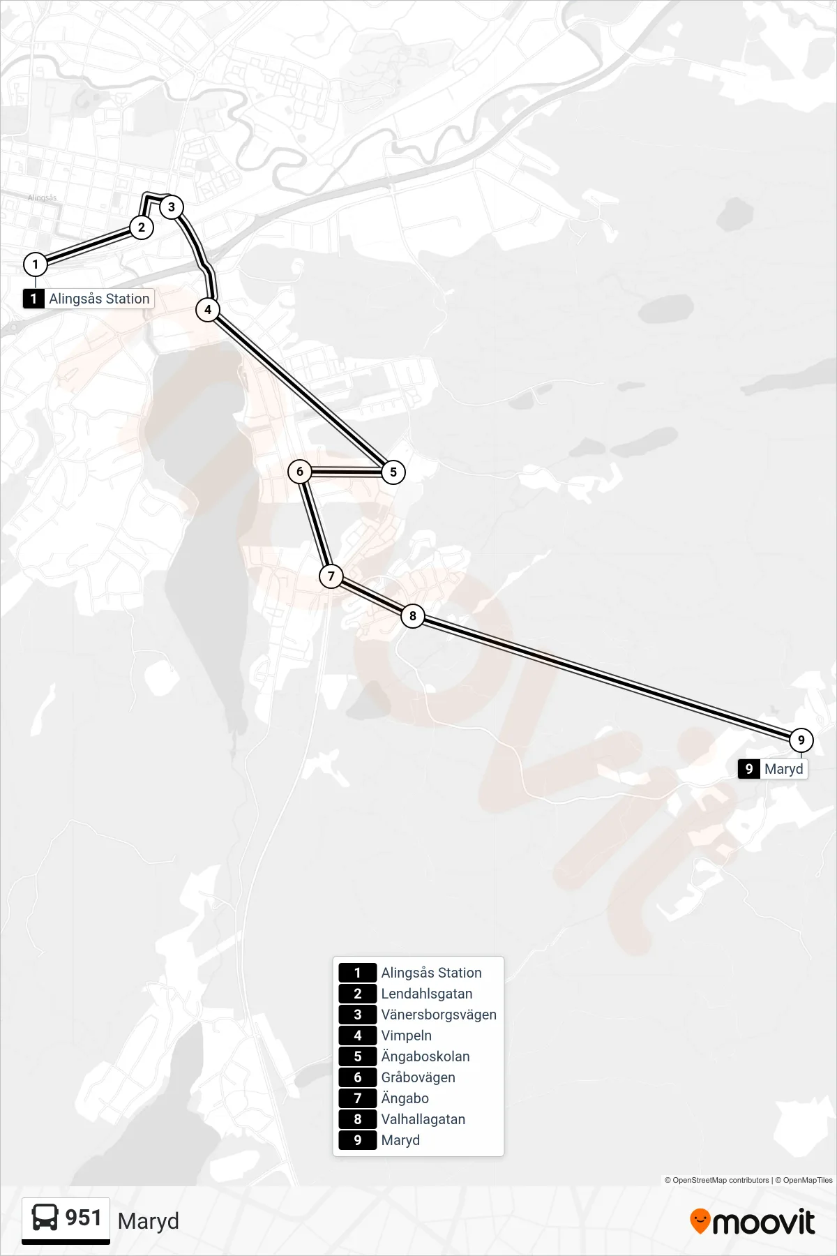 Rutt och hållplatser på karta för linje 951 spårvagn, (Maryd)