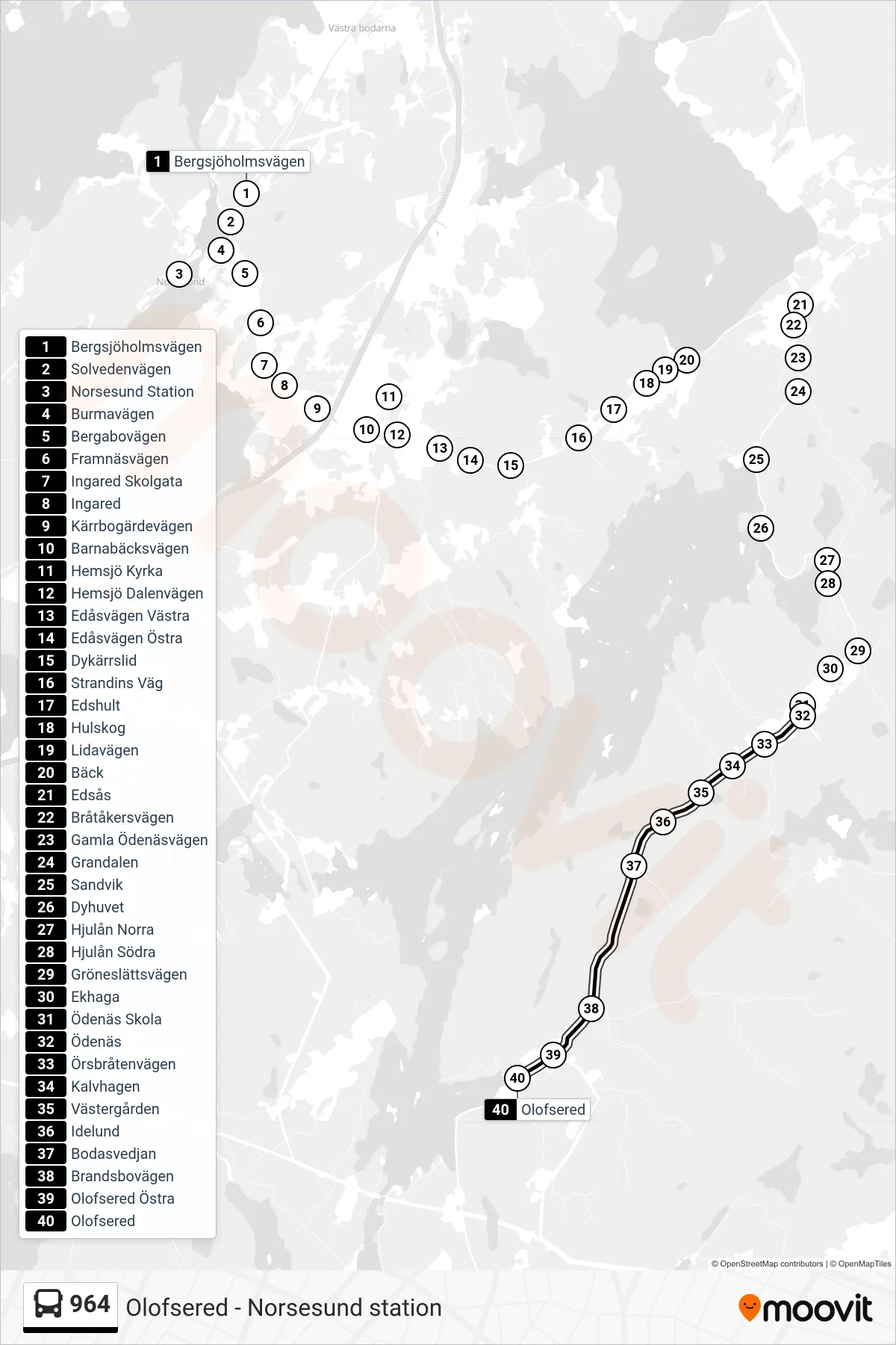 Rutt och hållplatser på karta för linje 964 spårvagn, (Olofsered)