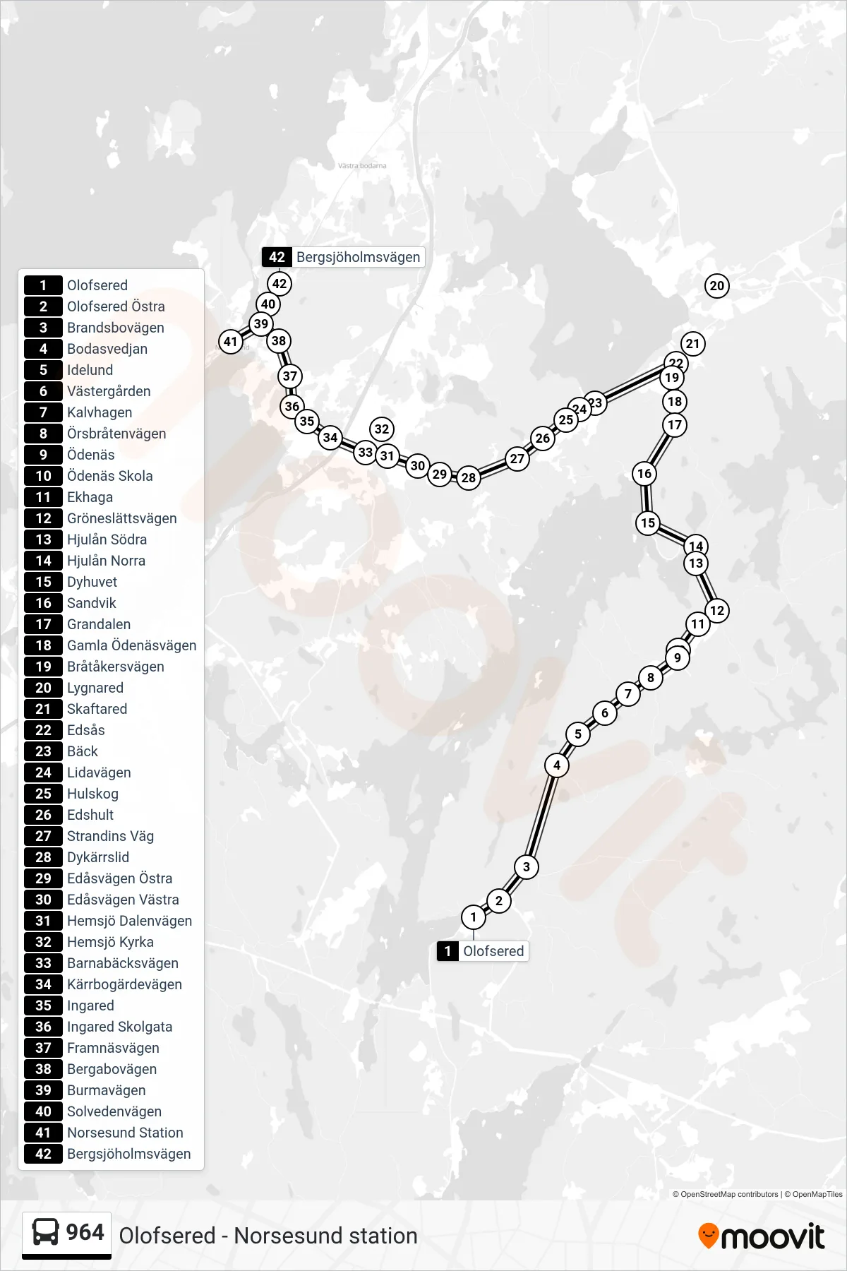 Rutt och hållplatser på karta för linje 964 spårvagn, (Norsesund Station)