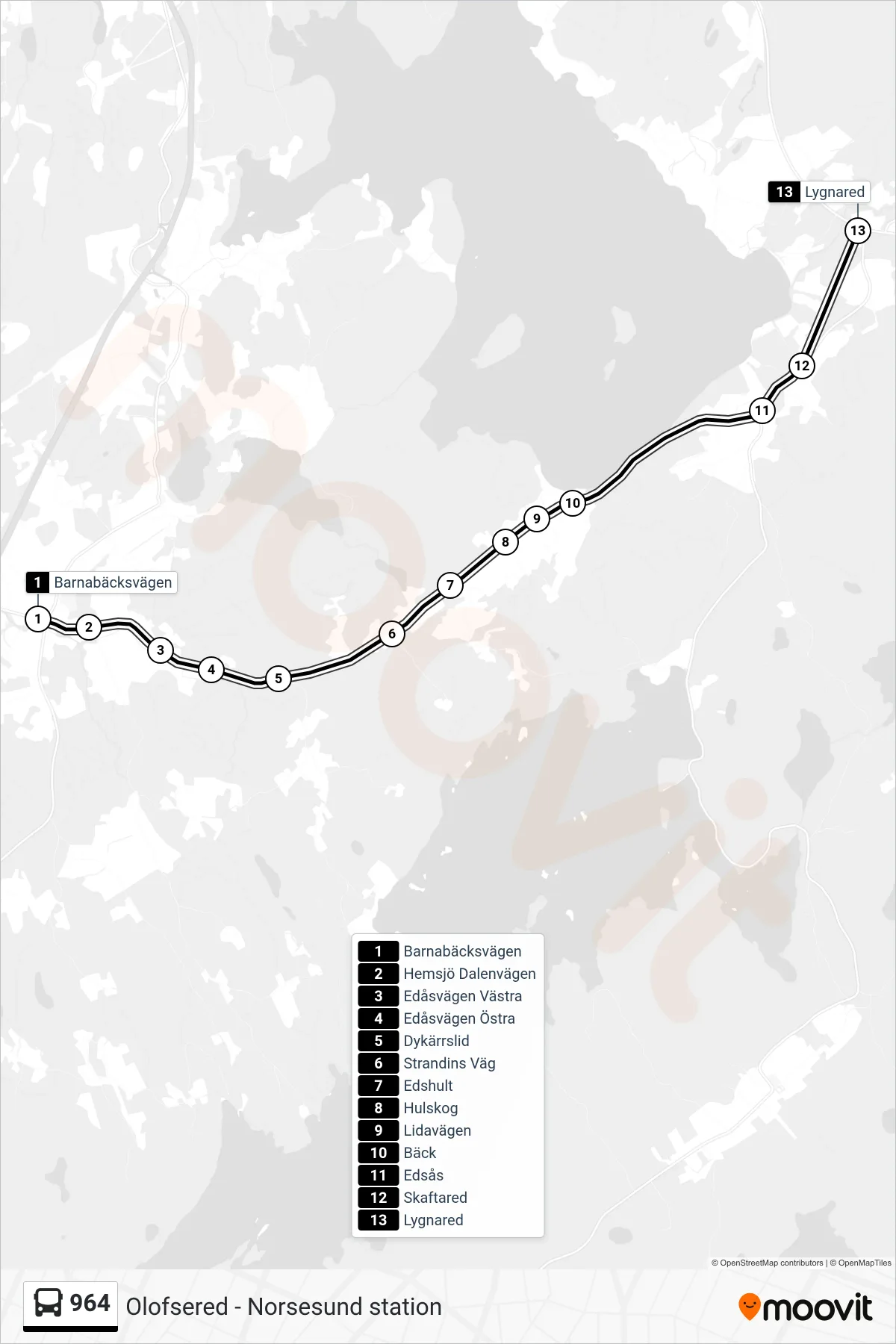 Rutt och hållplatser på karta för linje 964 spårvagn, (Lygnared)