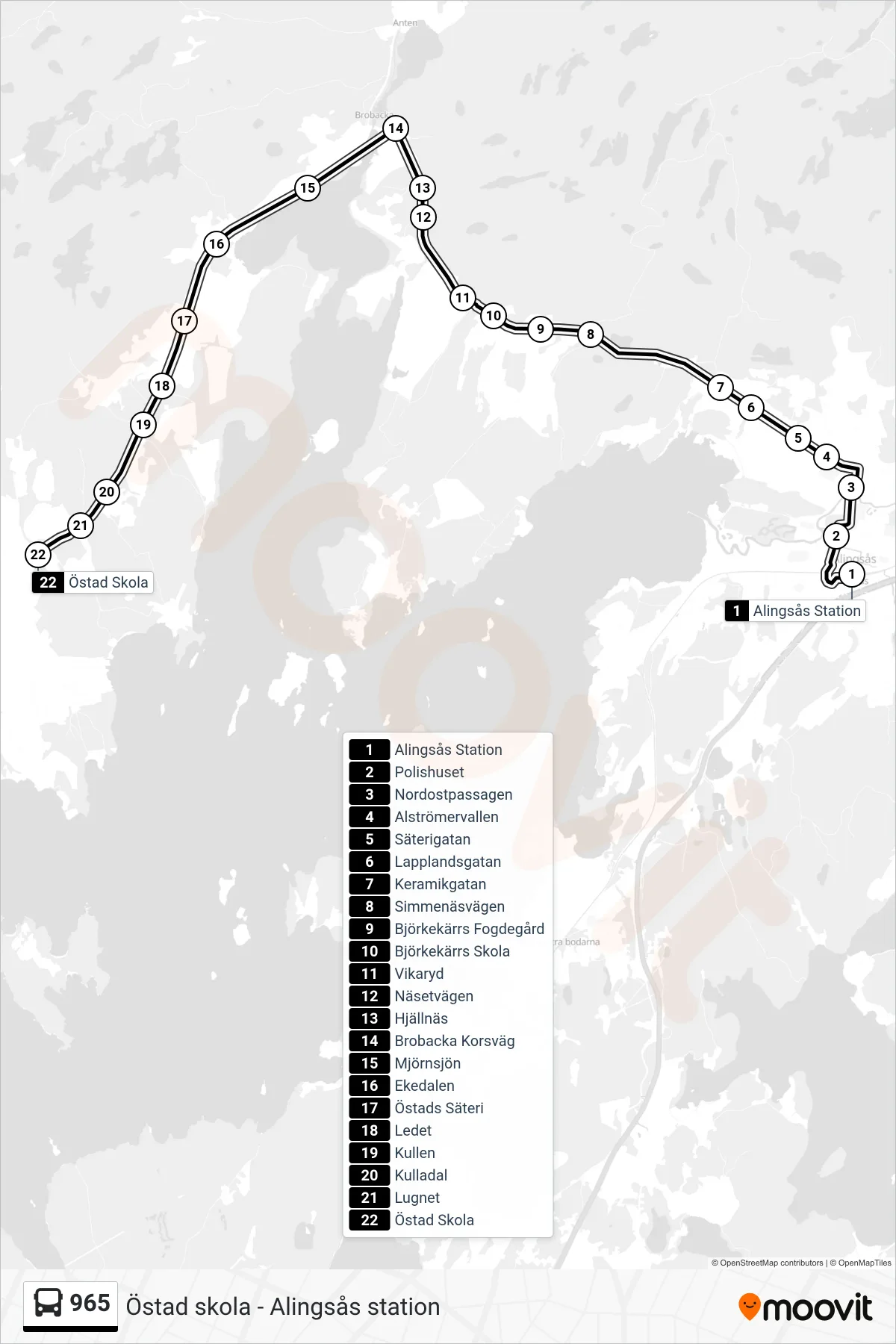 Rutt och hållplatser på karta för linje 965 spårvagn, (Östad Skola)