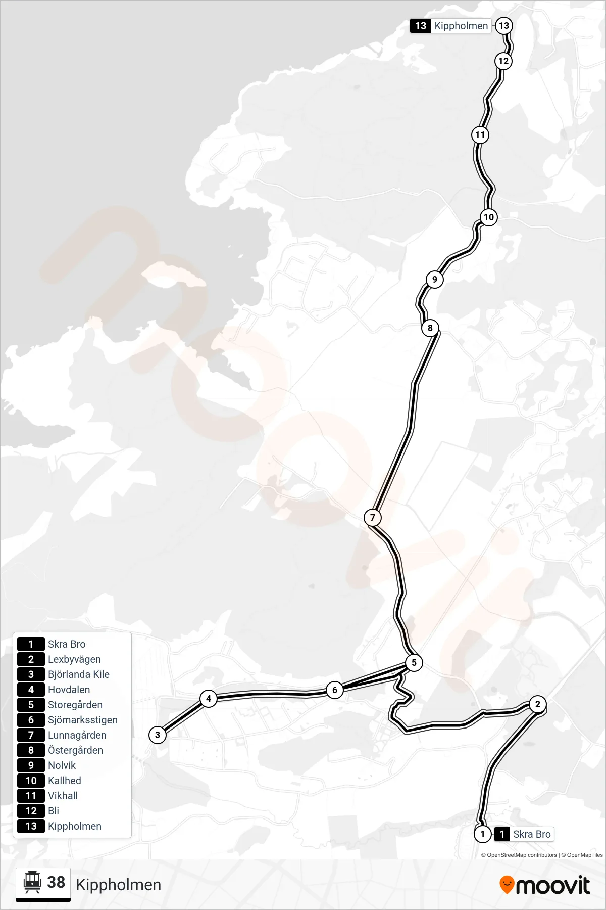 Rutt och hållplatser på karta för linje 38  spårvagn, (Kippholmen)