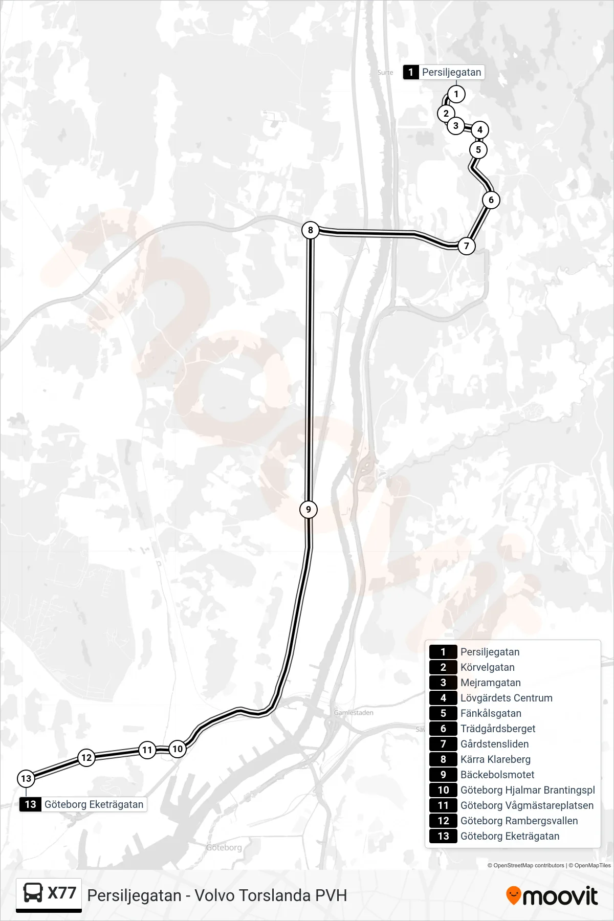 Rutt och hållplatser på karta för linje X77  buss, (Göteborg Eketrägatan)