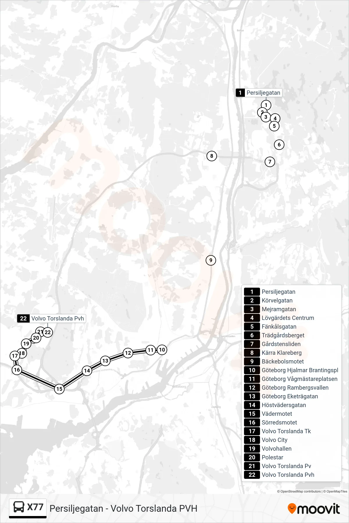Rutt och hållplatser på karta för linje X77 buss, (Volvo Torslanda Pvh)