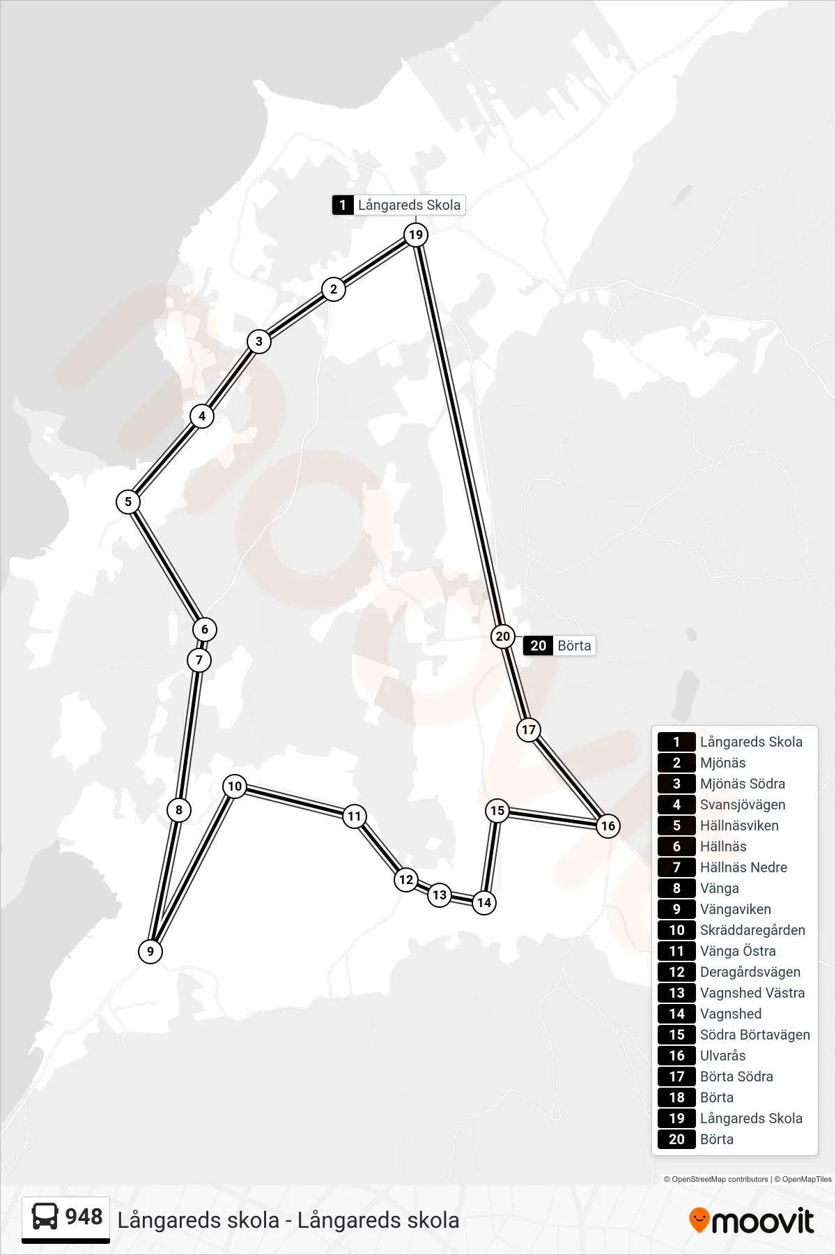 Rutt och hållplatser på karta för linje 948 spårvagn, (Börta)