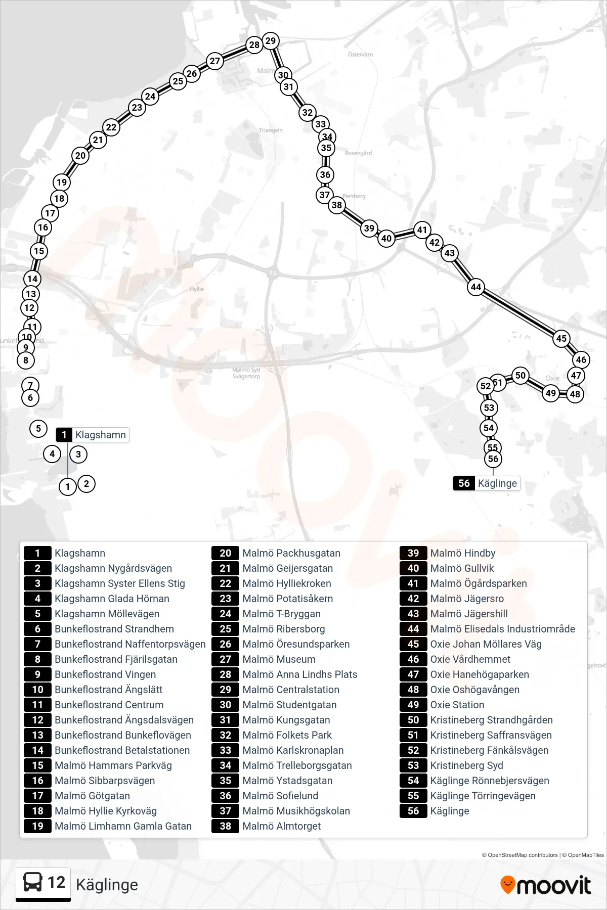 Rutt och hållplatser på karta för linje 12  spårvagn, (Käglinge)