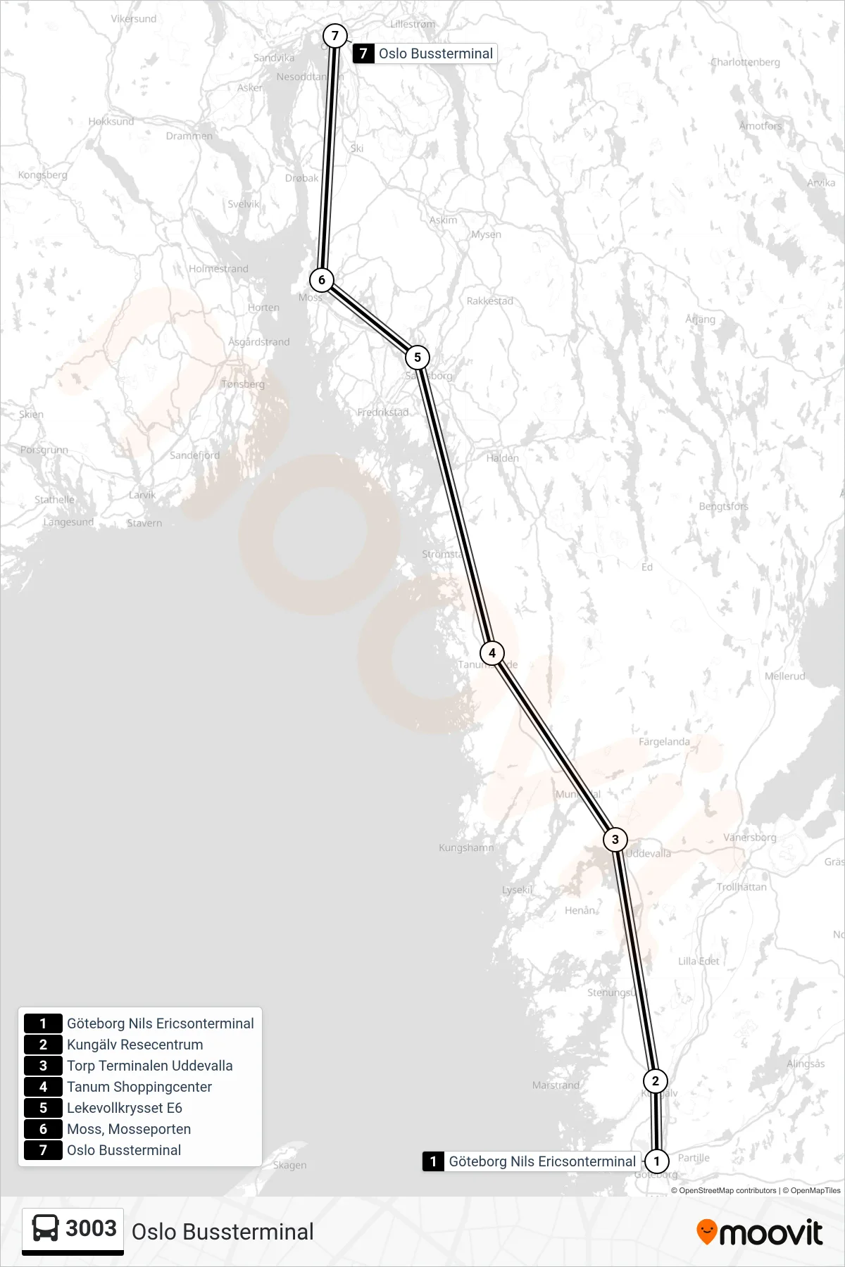 Rutt och hållplatser på karta för linje 3003 spårvagn, (Oslo Bussterminal)