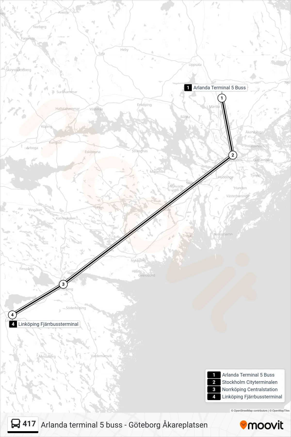 Rutt och hållplatser på karta för linje 417  spårvagn, (Linköping Fjärrbussterminal)