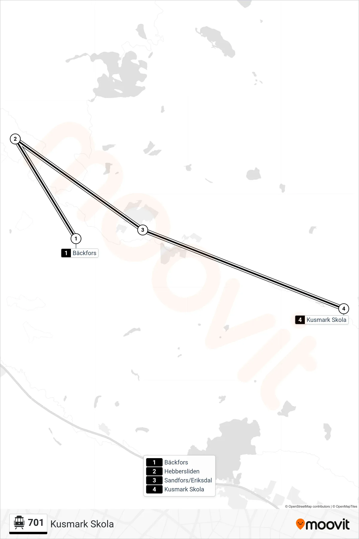 Rutt och hållplatser på karta för linje 701 spårvagn, (Kusmark Skola)