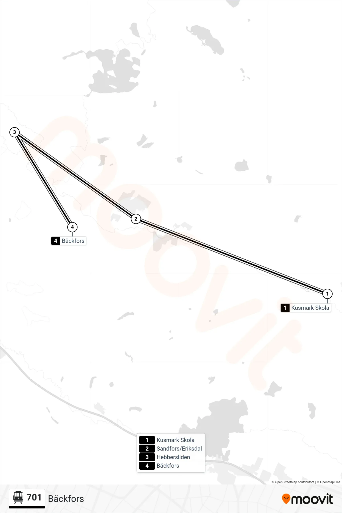 Rutt och hållplatser på karta för linje 701  spårvagn, (Bäckfors)