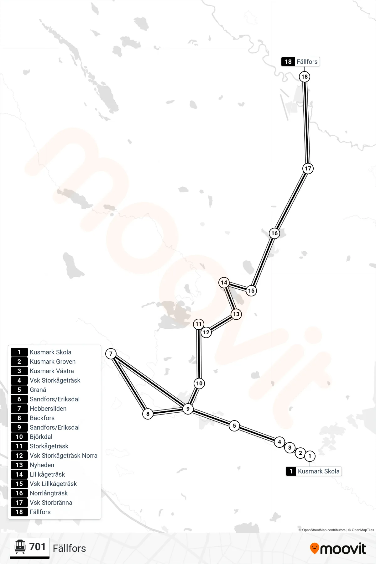 Rutt och hållplatser på karta för linje 701  spårvagn, (Fällfors)