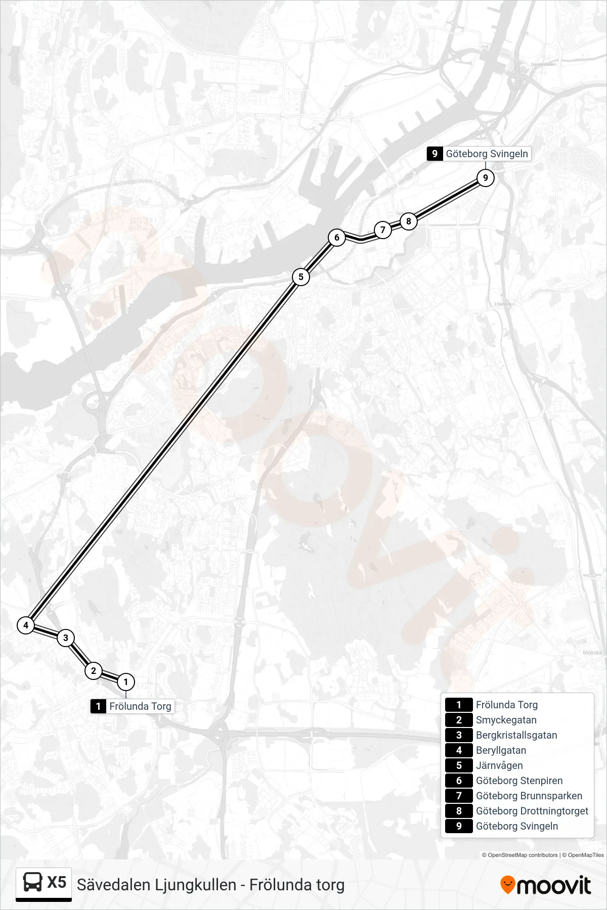 Rutt och hållplatser på karta för linje X5  spårvagn, (Göteborg Svingeln)